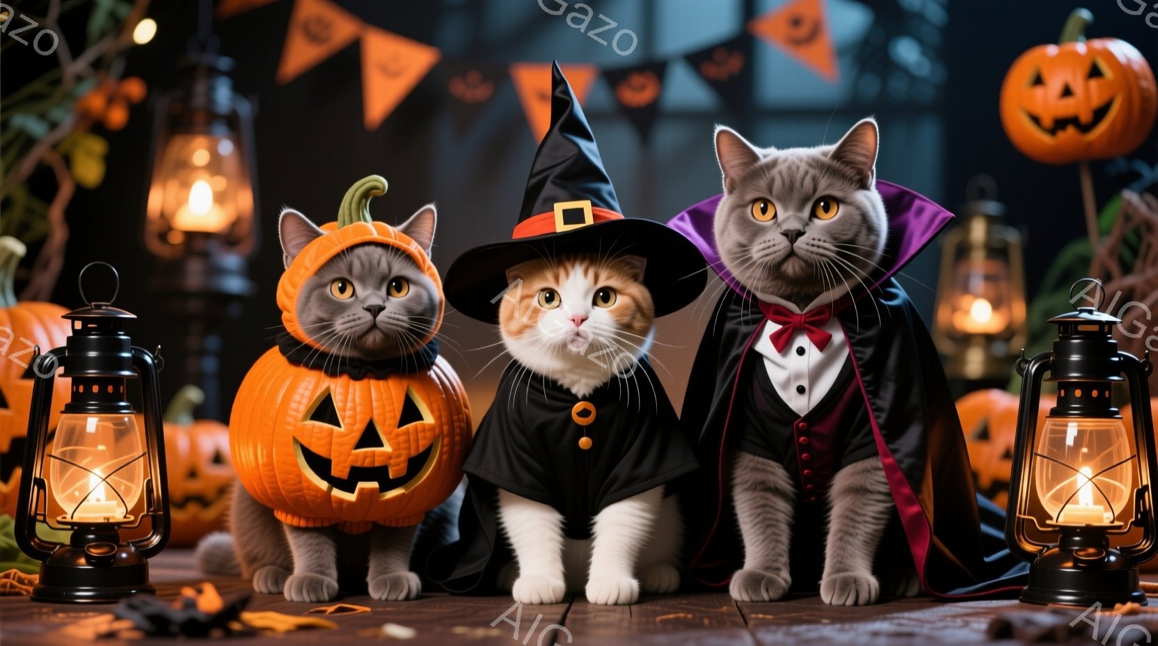 ハロウィーンの飾り付けられた背景の前で、3匹の猫がそれぞれ異なる衣装を着て座っています。左の猫はカボチャの衣装、真ん中の猫は魔女の帽子とローブ、右の猫は吸血鬼の衣装を着ています。全体的にオレンジ色と紫 - AI生成フリー素材