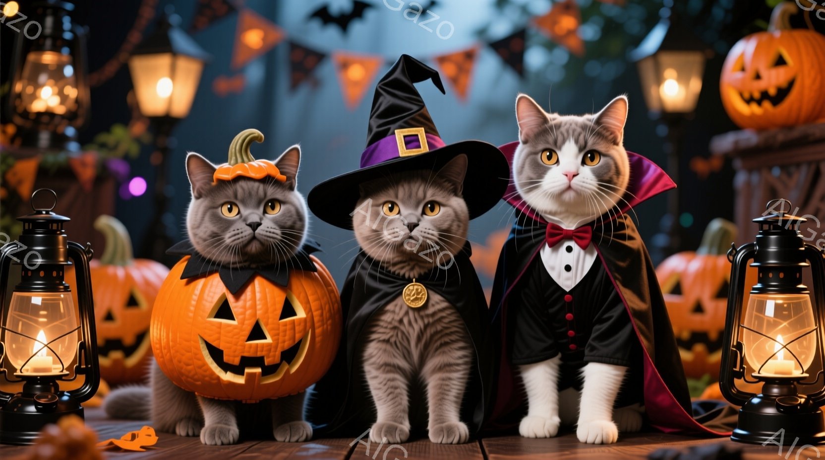 三匹の猫がハロウィーンの衣装を着て整列しています。左の猫はジャック・オー・ランタンの衣装、中央の猫は魔女の帽子とマント、右の猫はタキシードと蝶ネクタイを着ています。背景には、ハロウィーンの装飾が施された建物やカボチャが並び、お化け屋敷のような雰囲気で、夜のパーティーを連想させます。