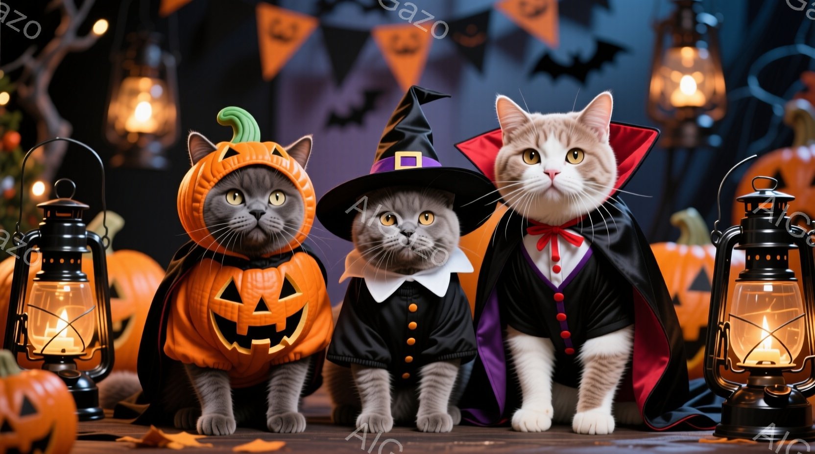 ハロウィーンをテーマにした画像で、3匹の猫がそれぞれ異なる衣装を着ています。左の猫はカボチャのコスチューム、中央の猫は魔女の帽子と襟、右の猫はドラキュラの衣装を着ており、それぞれ前足を揃えて座っていま - AI生成フリー素材