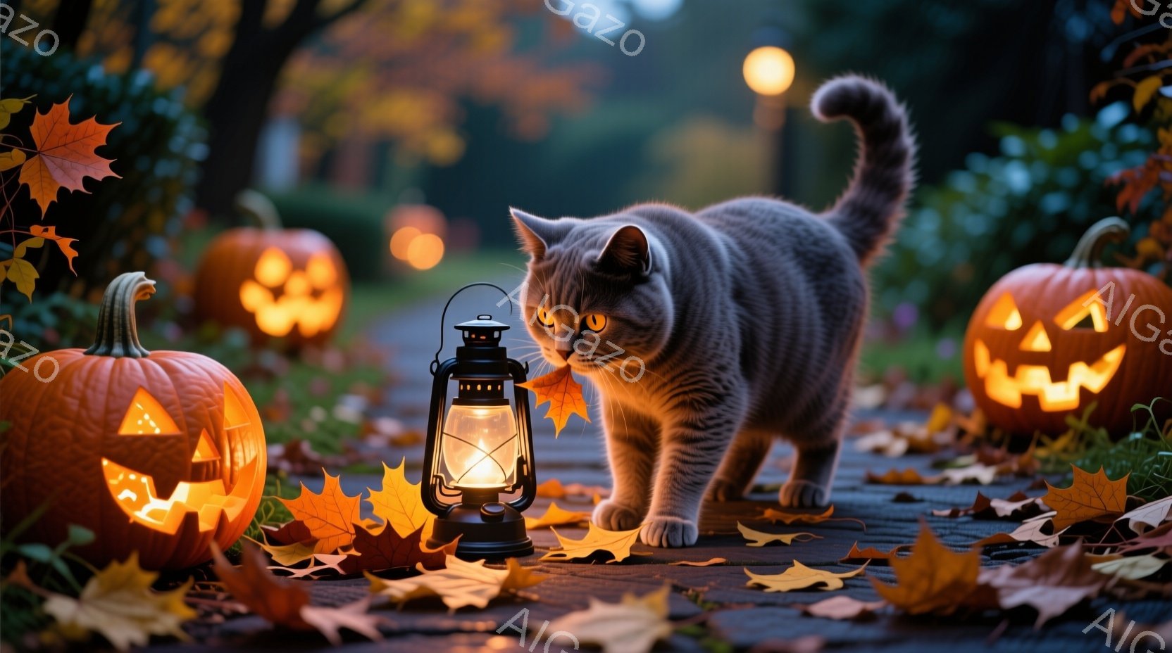 ハロウィンの飾り付けがされた道で、灰色の猫が前方を向いて歩いている。周囲にはジャック・オー・ランタンと落ち葉が散らばり、道端には点灯したランタンが置かれている。背景は暗く、暖かく光るジャック・オー・ラ - AI生成フリー素材