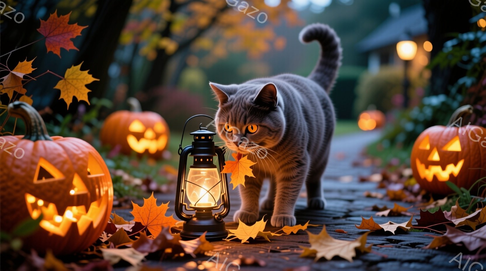 庭の小道に、ハロウィーンの飾りであるジャック・オ・ランタンと紅葉が散らばり、グレーの猫が正面を見て歩いている。猫は静かに前進し、その目は光を反射して輝いている。背景にはぼやけた建物と木々があり、秋の夜 - AI生成フリー素材