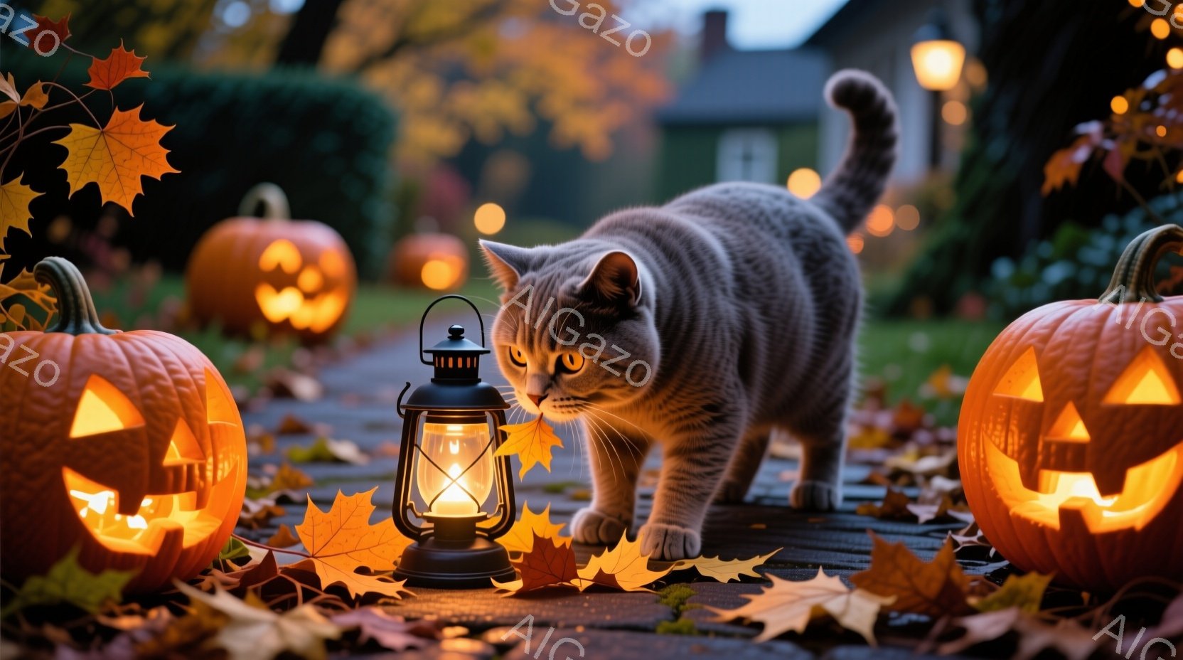 庭に並べられたジャック・オー・ランタンと落ち葉の中で、灰色の猫が鼻を近づけて何かを嗅ぎながら歩いています。背景には、ぼんやりと見える家々と、夕暮れ時の柔らかな光が広がり、ハロウィンの暖かい雰囲気を醸し - AI生成フリー素材