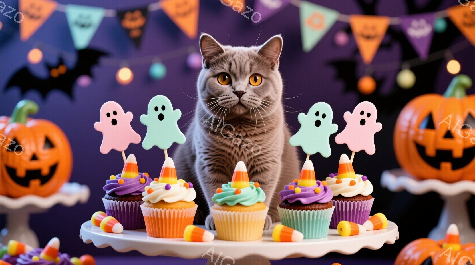 灰色の猫が、ハロウィーンをテーマにしたケーキの盛り合わせの背後に座っています。ケーキは紫、緑、茶色のアイシングで飾られ、それぞれにキャンディーコーンと幽霊の形をしたトッパーが付いています。背景には、オレンジ色のジャック・オ・ランタンとハロウィーンの旗が飾られ、お祝いの雰囲気を醸し出しています。