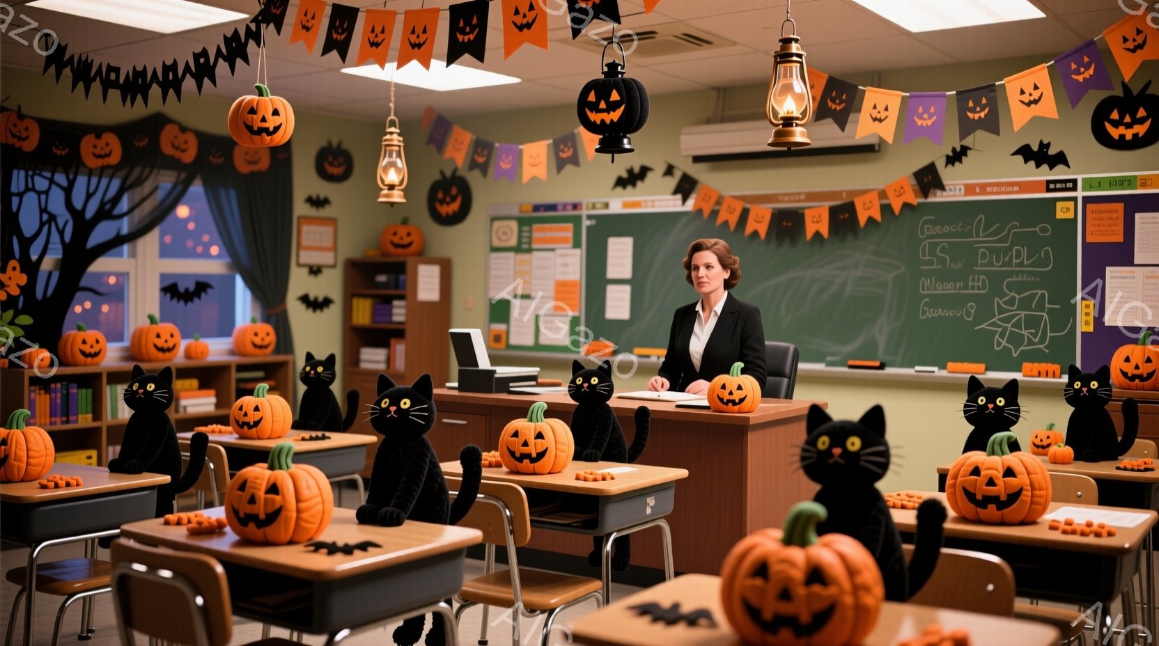 教室には、ハロウィーンの装飾が施されており、机の上にはジャック・オー・ランタンと黒猫のぬいぐるみがあちこちに置かれています。教師と思われる女性は、黒いジャケットとスカート姿で、少し微笑んだ表情で机に向かっています。背景には黒板があり、教室全体が温かく、お祝いムードに包まれています。