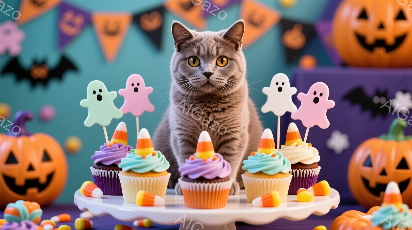灰色の猫がハロウィーンをテーマにしたカップケーキの前に座っています。カップケーキはオレンジと紫色のアイシングで飾られ、お化けとコーンキャンディのトッピングが施されています。背景には、オレンジ色のジャック・オー・ランタンと、紫とオレンジ色の旗が飾られたハロウィーンの装飾が施されています。