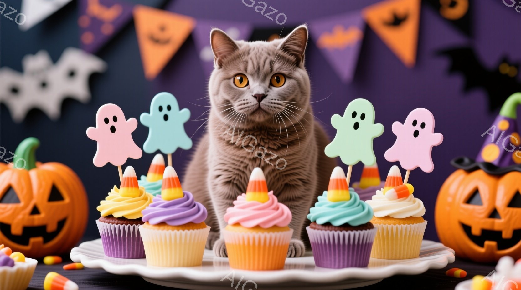 薄灰色の猫が、ハロウィーンのカップケーキと飾りが並んだテーブルの前に座っています。カップケーキは紫、ピンク、水色のクリームで飾られ、キャンディコーンと幽霊の飾りも付いています。背景にはオレンジと黒のハ - AI生成フリー素材