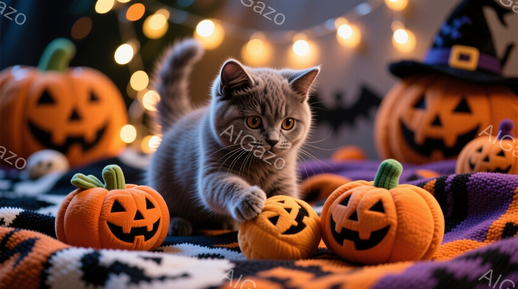 ハロウィンテーマの場面を表す。中心には、短毛の猫が姿勢を立てており、その周りにはいくつかのjack-o'-lanternが詰められている。このjack-o'-lanternは、ハロウィンでよく見られる - AI生成フリー素材