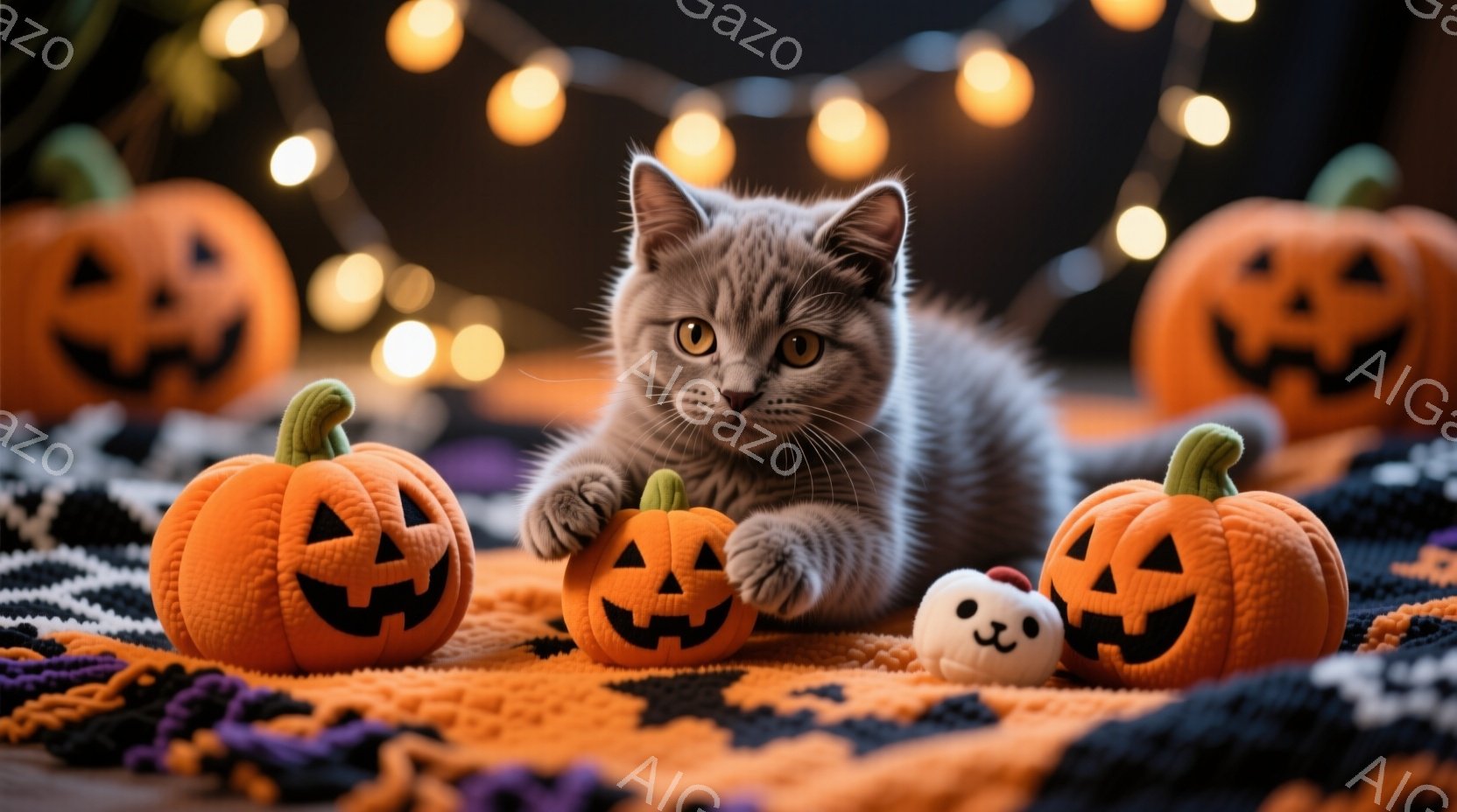 灰色の毛並みの猫が、ハロウィーンの小さなカボチャのおもちゃに囲まれて横たわっています。猫はリラックスした様子で、おもちゃの一つの上に前足を乗せています。背景には、ぼやけたハロウィーンの装飾と、暖かいオ - AI生成フリー素材