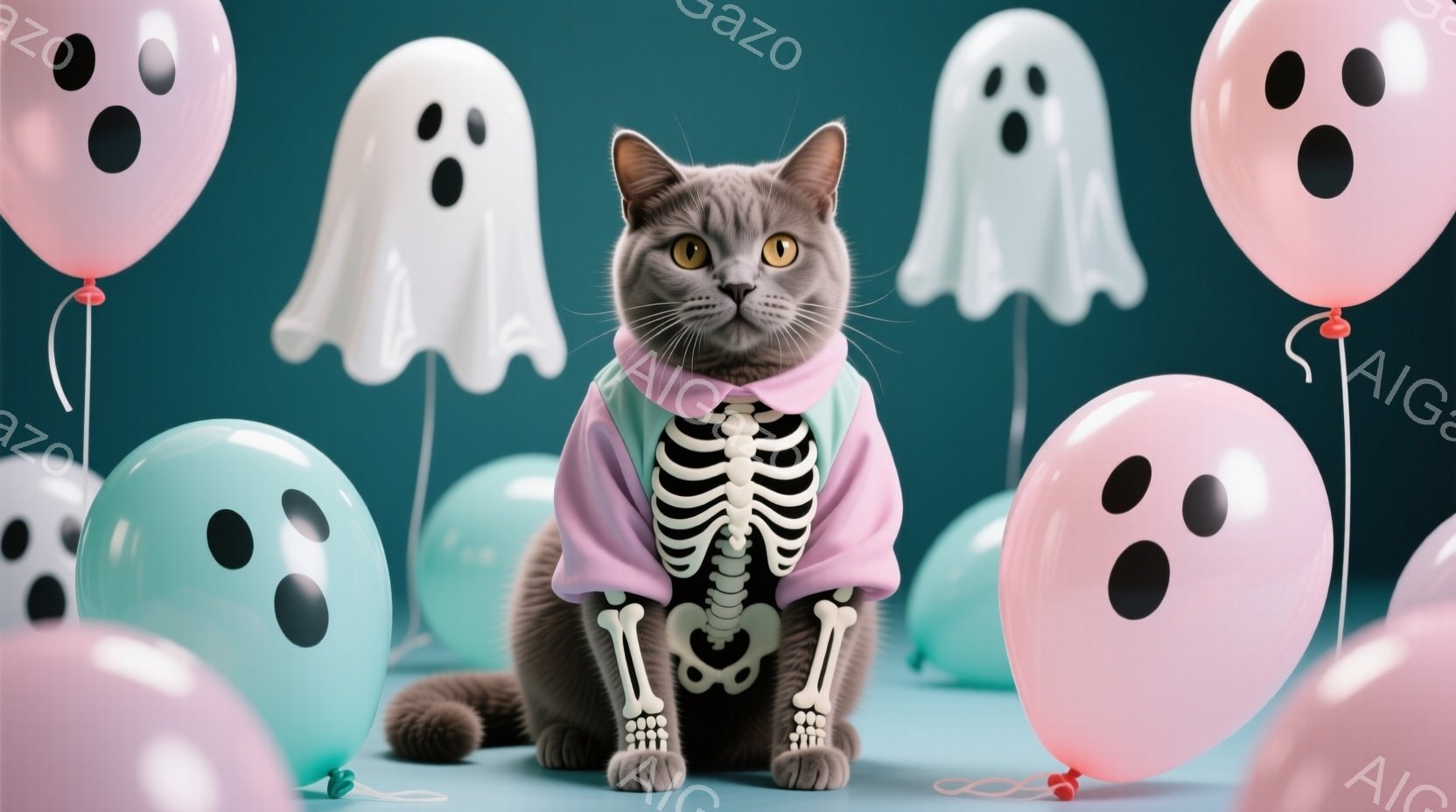 グレーの毛並みをした猫が、ピンク色の背景を背景に、ハロウィーンらしい骨柄のセーターを着ています。猫は正面をまっすぐ見つめ、少し警戒したような表情をしています。背景には、可愛らしいお化けの形をした風船が浮かび、全体的に明るく、遊び心のある雰囲気を醸し出しています。