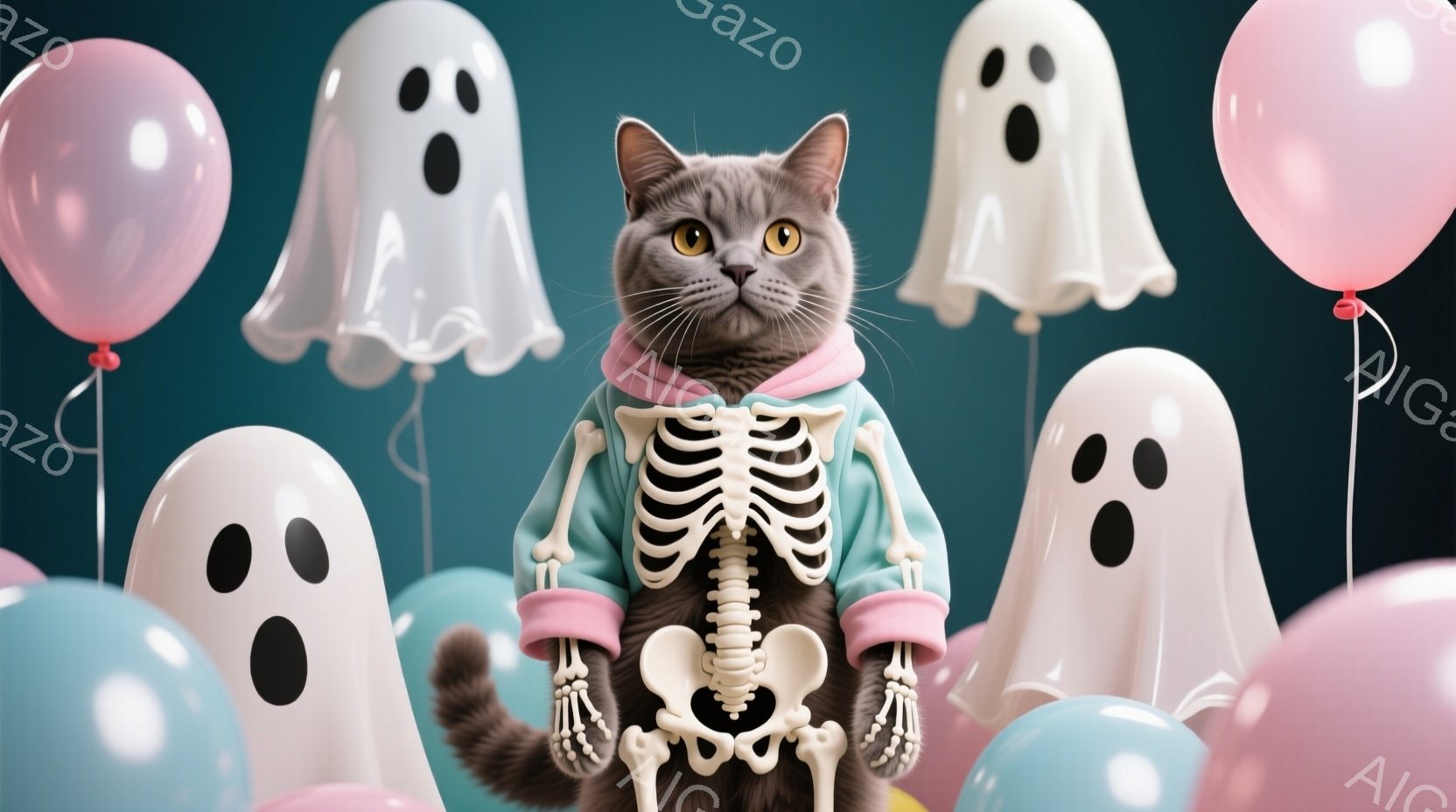 グレーの猫がハロウィーンのガイコツの衣装を着て、少し驚いたような表情で正面を見つめています。背景には、青とピンクの風船と、顔の描かれた白いお化けが浮かび、お祝いムードを演出しています。全体的に、明るく - AI生成フリー素材