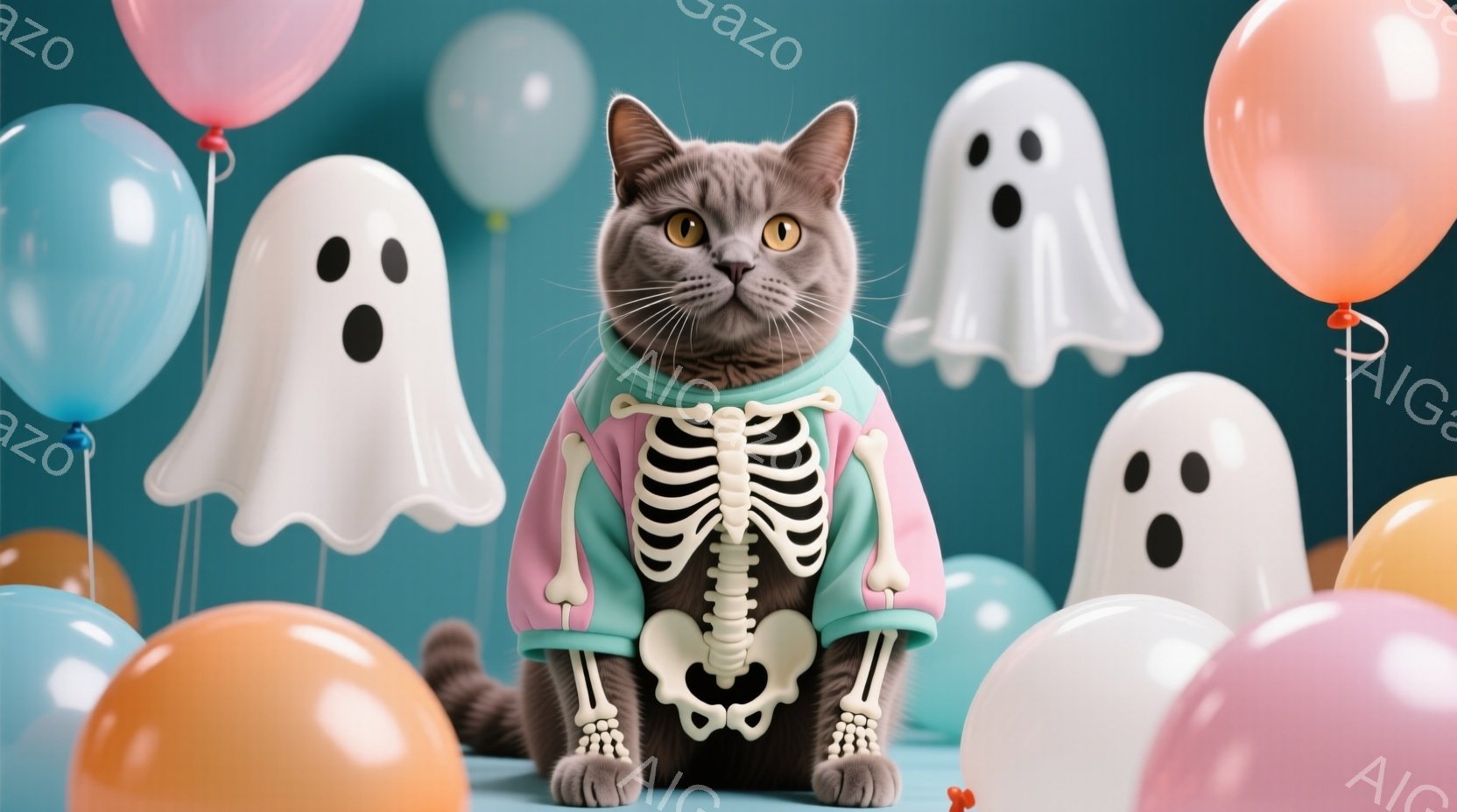 灰色の猫がハロウィーンの衣装を着て正面を見つめています。ピンクと水色のストライプのセーターと、骸骨のプリントが施された服装は、猫の毛並みによく映えます。背景にはパステルカラーの風船と幽霊の形をした飾りがあり、全体的に明るく、お祝いムードの漂うハロウィーンの雰囲気です。