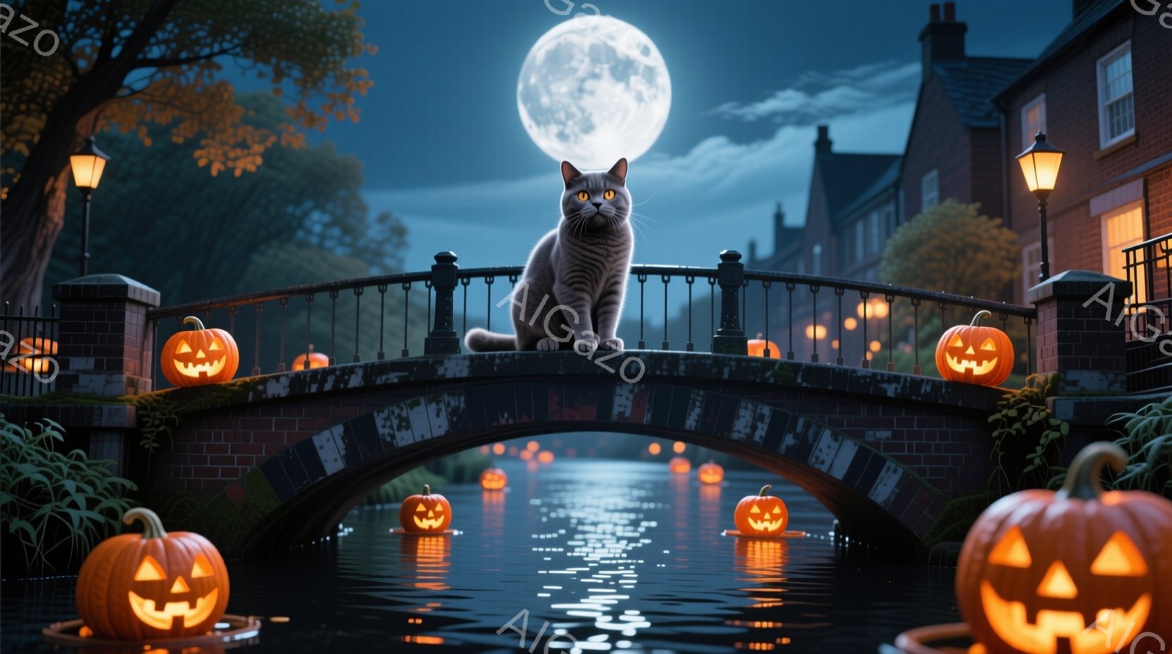 灰色の猫が、ハロウィーンの飾り付けが施された石橋の上に座って、遠くを見つめています。橋の下の川には、浮かんだジャック・オ・ランタンが灯り、背景には古い建物と暗い木々が広がっています。満月が夜空を照らし、神秘的で少し不気味なハロウィーンの雰囲気を醸し出しています。