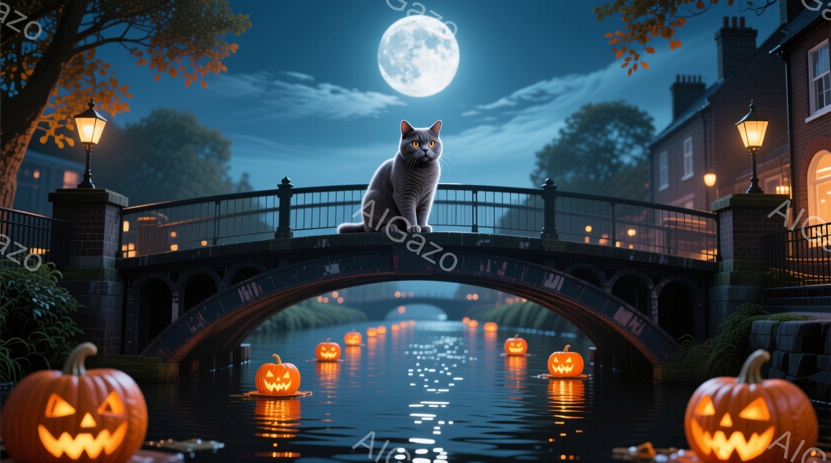 レンガ造りのアーチ橋の上で、灰色の猫が正面を向いて座っている。橋の下の川には、浮かぶジャック・オ・ランタンが点灯し、背景には暗い夜空と満月、そして両岸に並ぶ建物が見える。全体的にハロウィーンの夜の静かで幻想的な雰囲気が漂っている。