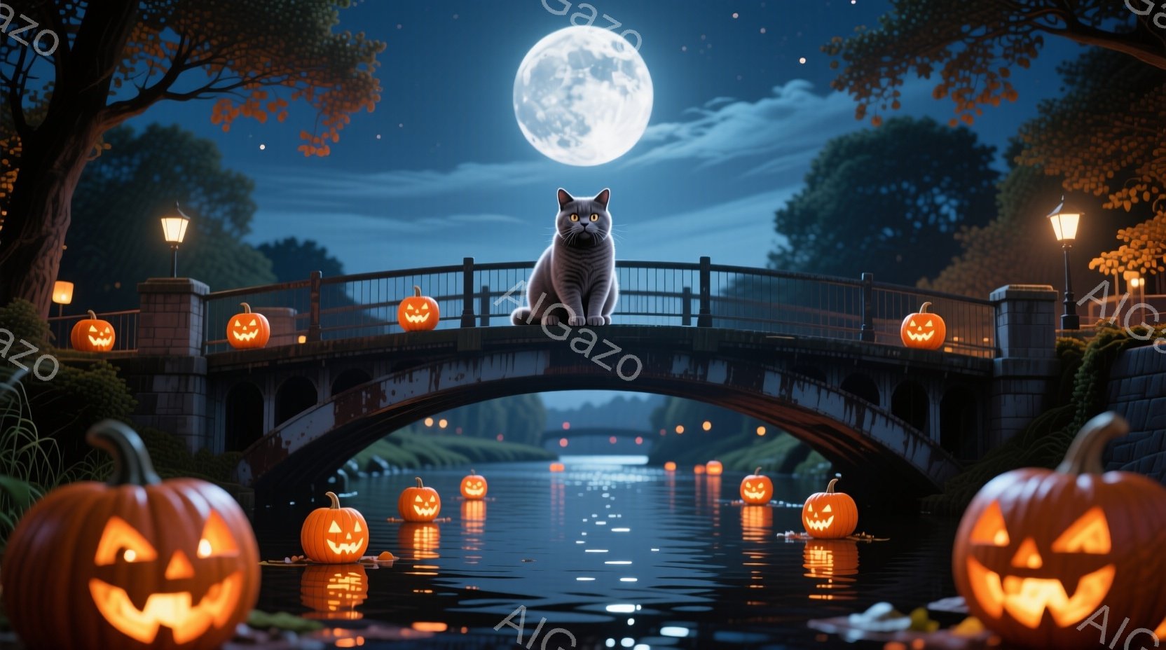 満月の夜、石造りのアーチ橋の上で灰色がかった毛並みの猫が静かに座っている。橋の欄干や水面には、ハロウィーンの象徴であるジャック・オー・ランタンが灯され、周囲の木々がシルエットとなって幻想的な雰囲気を醸 - AI生成フリー素材