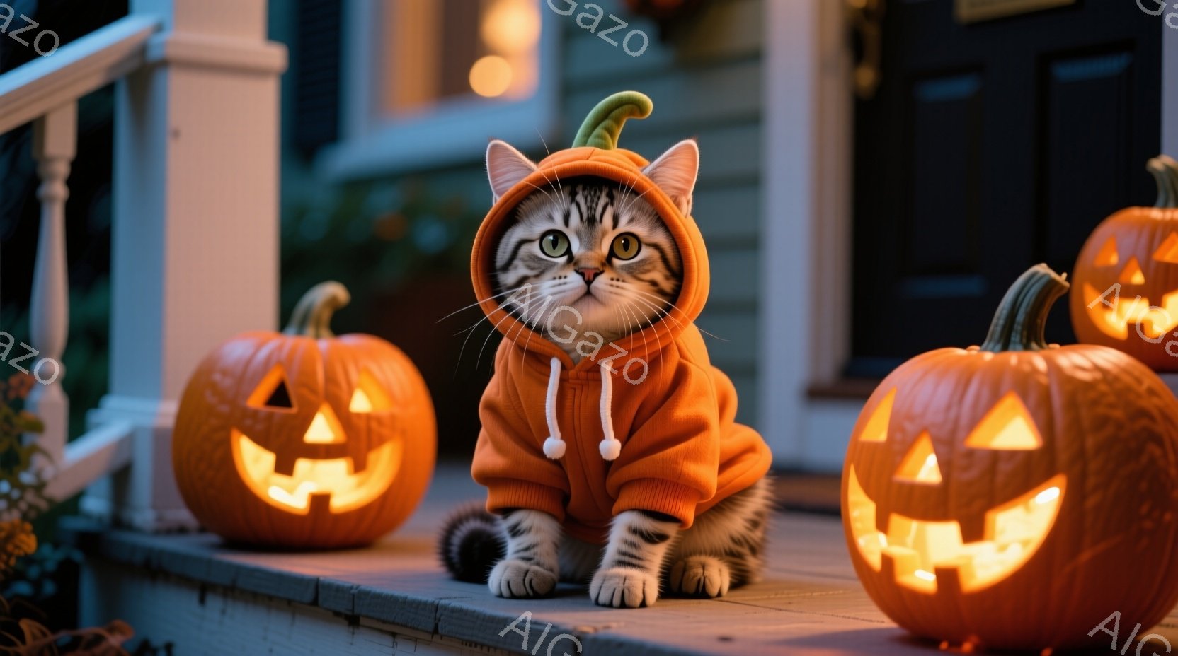 白地にグレーの縞模様の猫が、ハロウィーンをテーマにしたオレンジ色のパーカーを着て、正面を向いて座っています。猫のパーカーには猫耳が付いており、紐が垂れ下がっています。背景には、光を灯したジャック・オ・ - AI生成フリー素材
