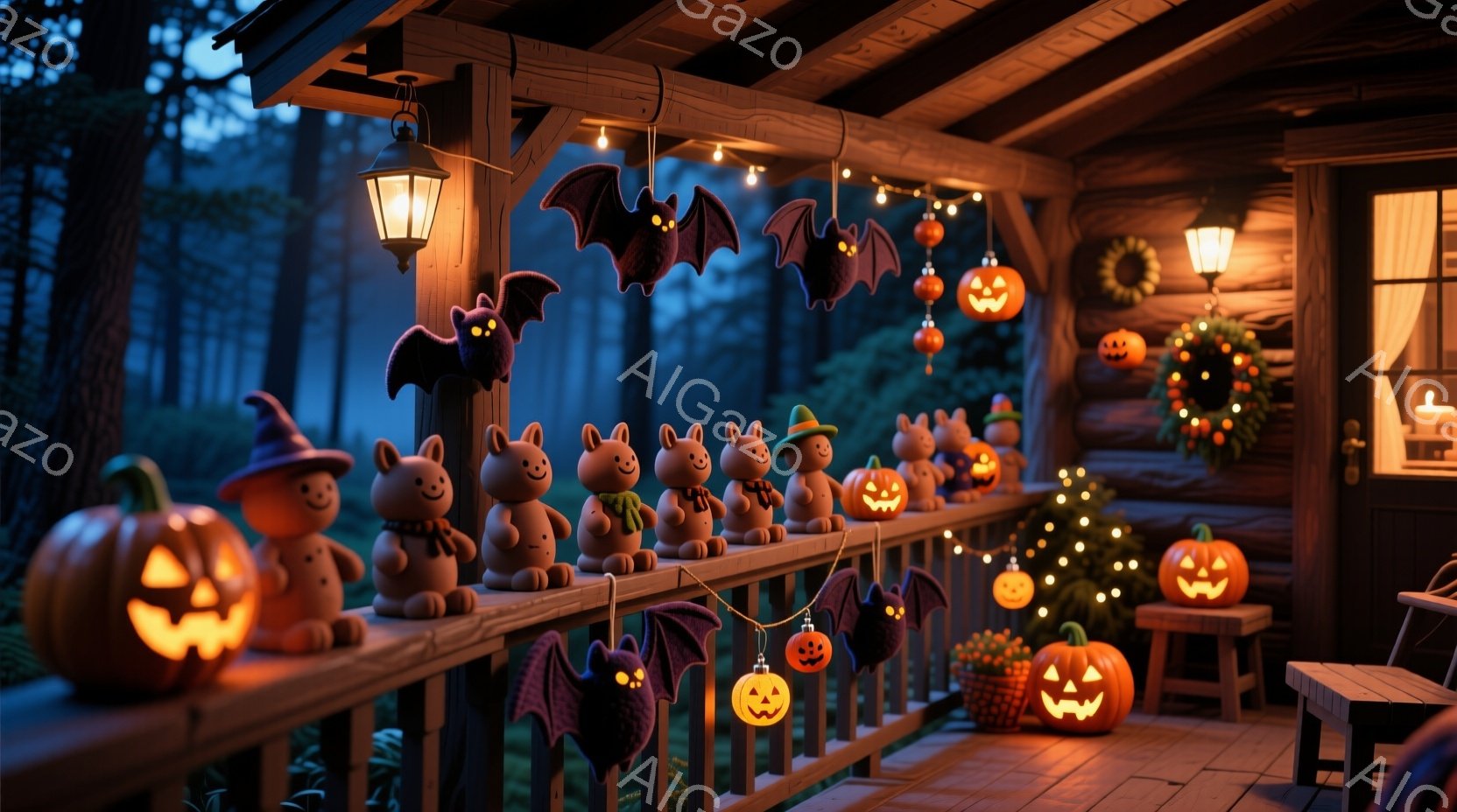 夜間のホームステージにある家屋を装飾したハロウィンのシーンです。窓から準備中の幽霊が覗くような表情をしています。木製のフェンスには小さな動物の人形、おそらくはリスやミツガイと思われるものが並んでいます - AI生成フリー素材