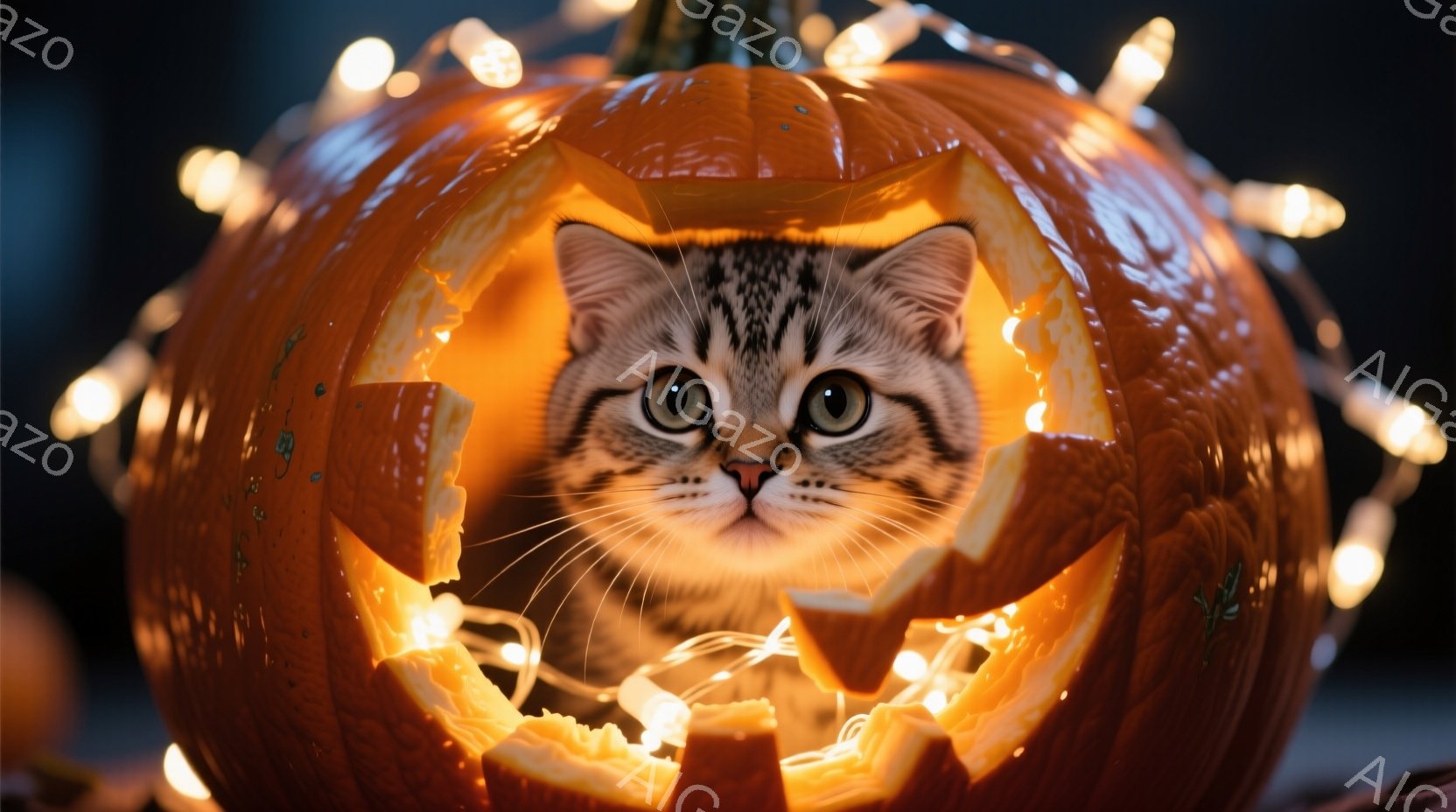 縞模様の猫が、ハロウィーンのくり抜かれたカボチャの中に顔を出しています。カボチャの内側はオレンジ色に光っており、猫の顔を照らしています。背景にはぼやけた光の列があり、全体的に温かく、遊び心のある雰囲気 - AI生成フリー素材