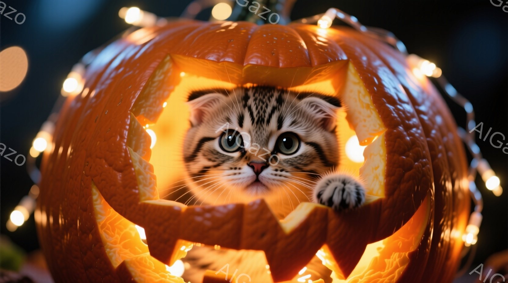 オレンジ色のくり抜かれたハロウィーンのジャック・オ・ランタンの中に、縞模様の猫が顔を出し、片手をかけてこちらを見つめています。背景にはぼやけた光のストリングライトが散りばめられ、ハロウィーンの温かく幻 - AI生成フリー素材