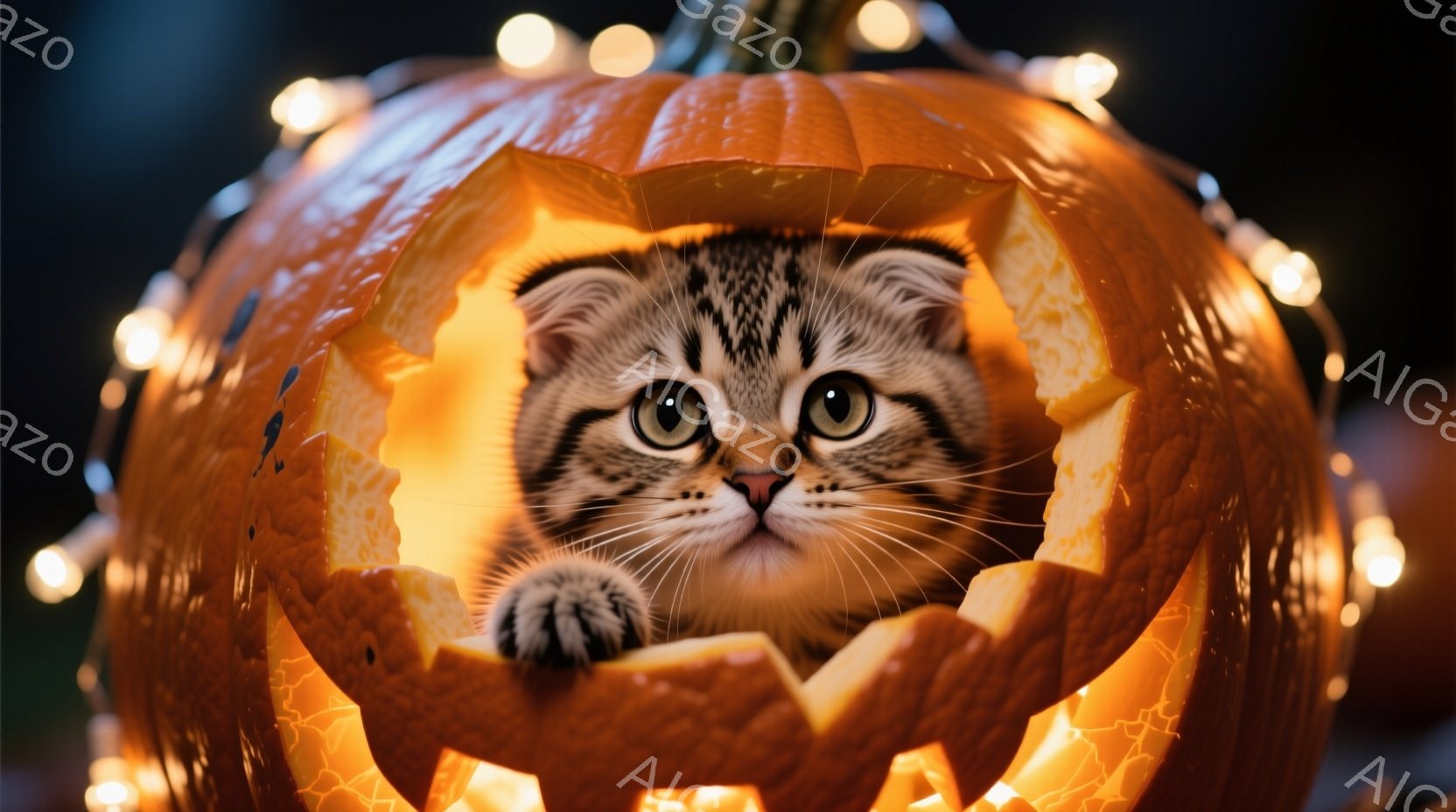 縞模様の猫が、くり抜かれたオレンジ色のカボチャの中に頭を出しています。猫は前足をカボチャの縁にかけ、好奇心と少しばかりの戸惑いが入り混じった表情で正面を見つめています。背景にはぼんやりとした光の帯があ - AI生成フリー素材