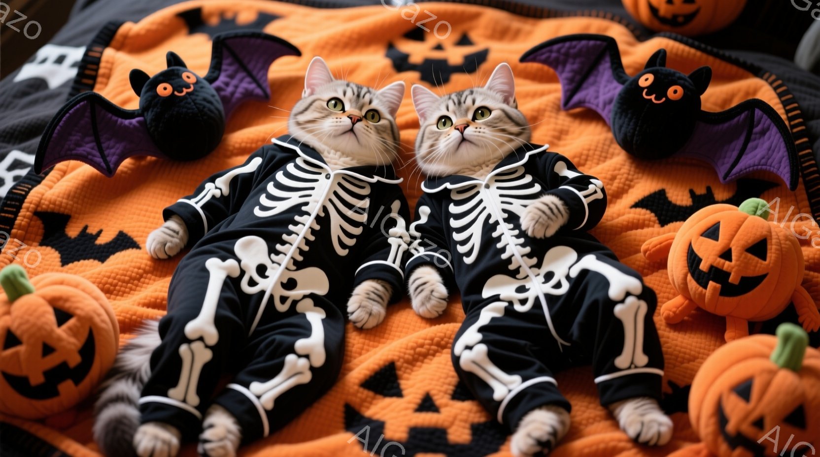 二匹の猫がハロウィーンの衣装を着て、オレンジと黒の背景に横たわっています。猫たちは骨格がプリントされた黒いジャンプスーツを着ており、リラックスした表情で、前足を揃えて横たわっています。背景には、ハロウィーンを象徴するカボチャのぬいぐるみやコウモリの飾りがあり、全体的に陽気で楽しい雰囲気が漂っています。