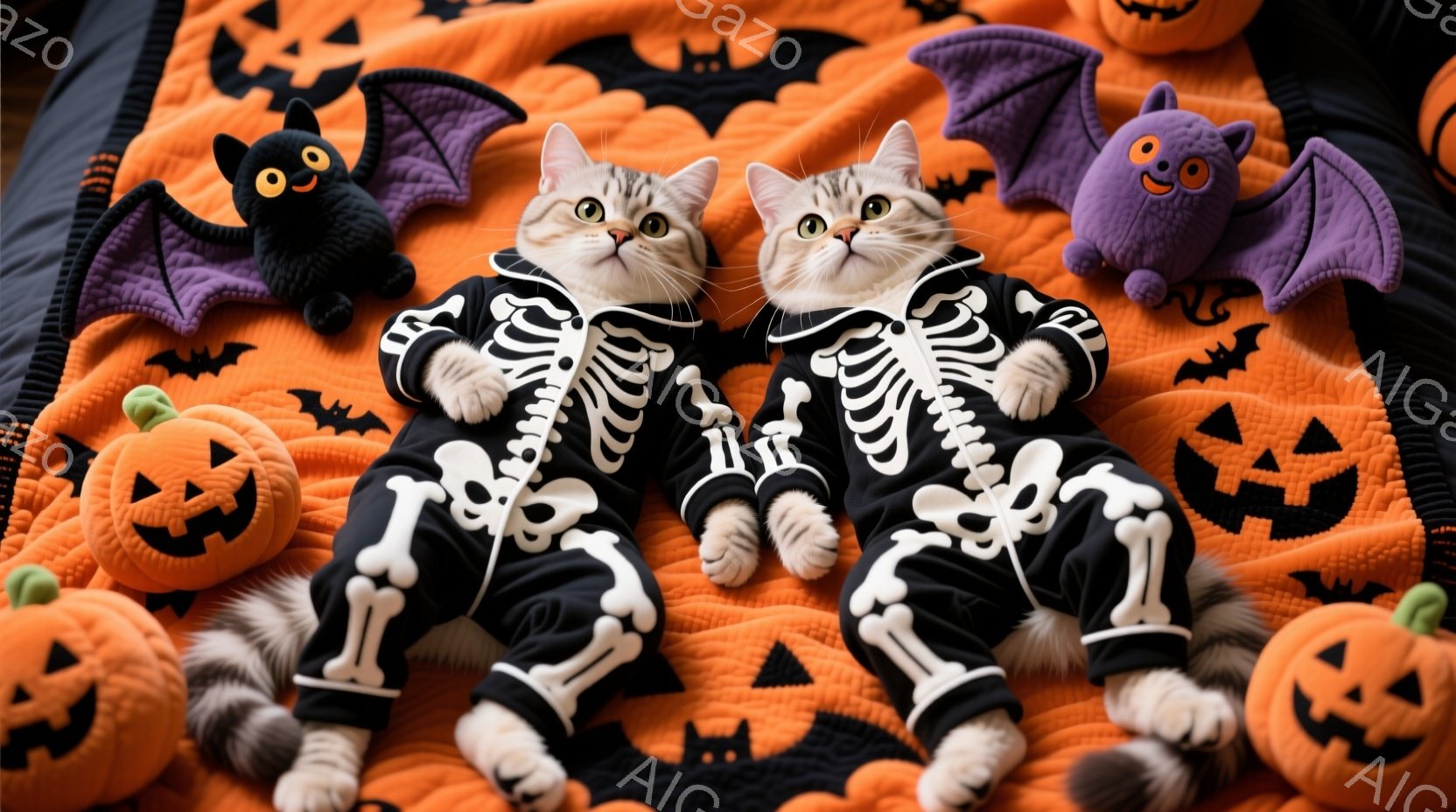 2匹の猫が、ハロウィーンの骸骨模様の衣装を着て、オレンジ色のキルトの上に並んで座っています。彼らは前足を伸ばし、リラックスした表情でカメラを見つめています。背景には、カボチャやお化けのぬいぐるみ、黒い - AI生成フリー素材