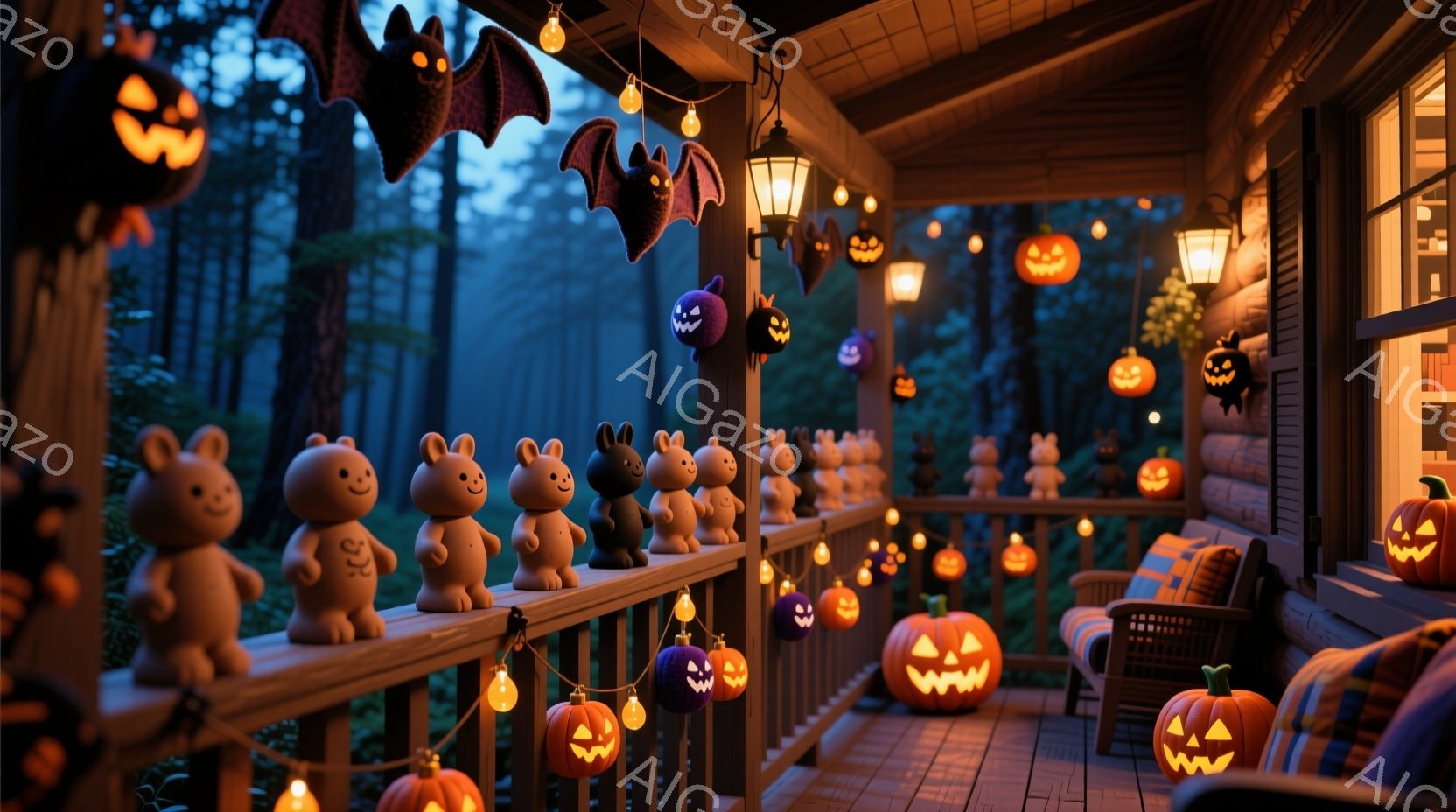 ログハウスのベランダは、ハロウィンの装飾で彩られています。可愛らしいクマのぬいぐるみが一列に並び、オレンジ色のジャック・オー・ランタンやコウモリの飾り付けが施され、温かい光が灯っています。背景には暗い森が広がり、全体的に幻想的で心地よいハロウィンの夜の雰囲気が漂っています。