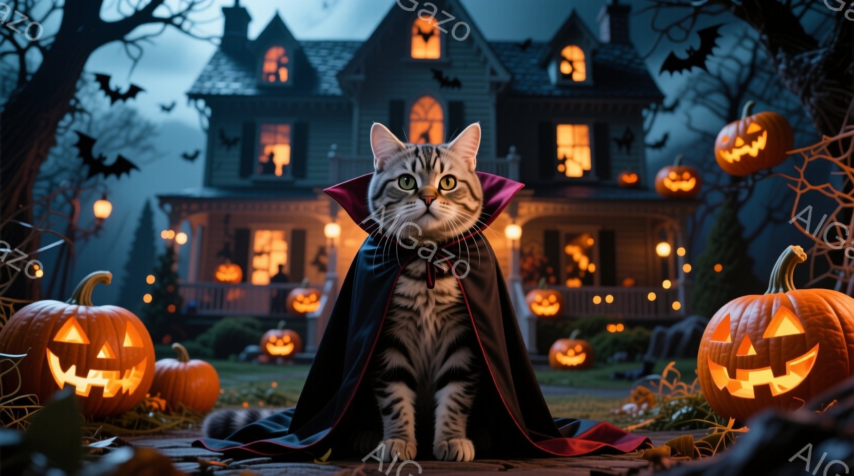縞模様の猫が、赤い襟付きの黒いマントを羽織り、まるでドラキュラのような姿で座っています。背景には、ハロウィーンの装飾が施された不気味な屋敷と、空を舞うコウモリ、そして庭に並べられたジャック・オー・ランタンが見えます。全体的に、ハロウィーンの夜を思わせる、少し不気味で楽しい雰囲気です。