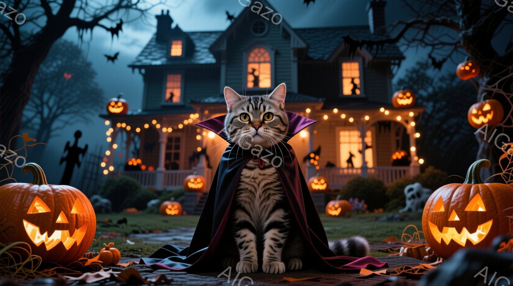 縞模様の猫がドラキュラのマントを身につけて座っており、少しいたずらっぽい表情を浮かべている。背景には、ハロウィーンの飾り付けがされた屋敷があり、オレンジ色のカボチャのランタンや不気味な庭の装飾が並んでいる。夜空にはコウモリが舞い、全体的にハロウィーンの不気味でありながらも楽しい雰囲気が漂っている。