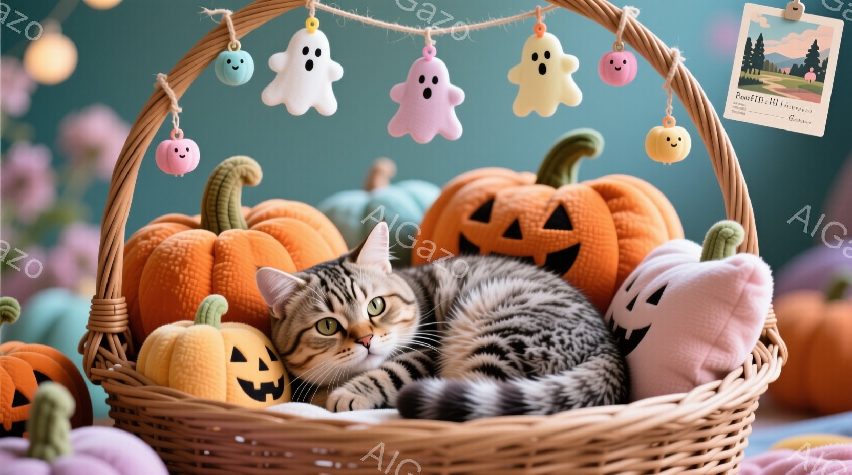 縞模様の小さな子猫が、ハロウィーンの飾りでいっぱいのかごの中に横たわっています。かごの中には、ジャック・オ・ランタンの形をしたオレンジ色の布製のカボチャや、かわいい幽霊のオーナメントが置かれており、子猫はリラックスした表情で、ハロウィーンの雰囲気を楽しんでいるようです。背景はぼかされており、全体的に温かく、可愛らしい雰囲気の画像です。