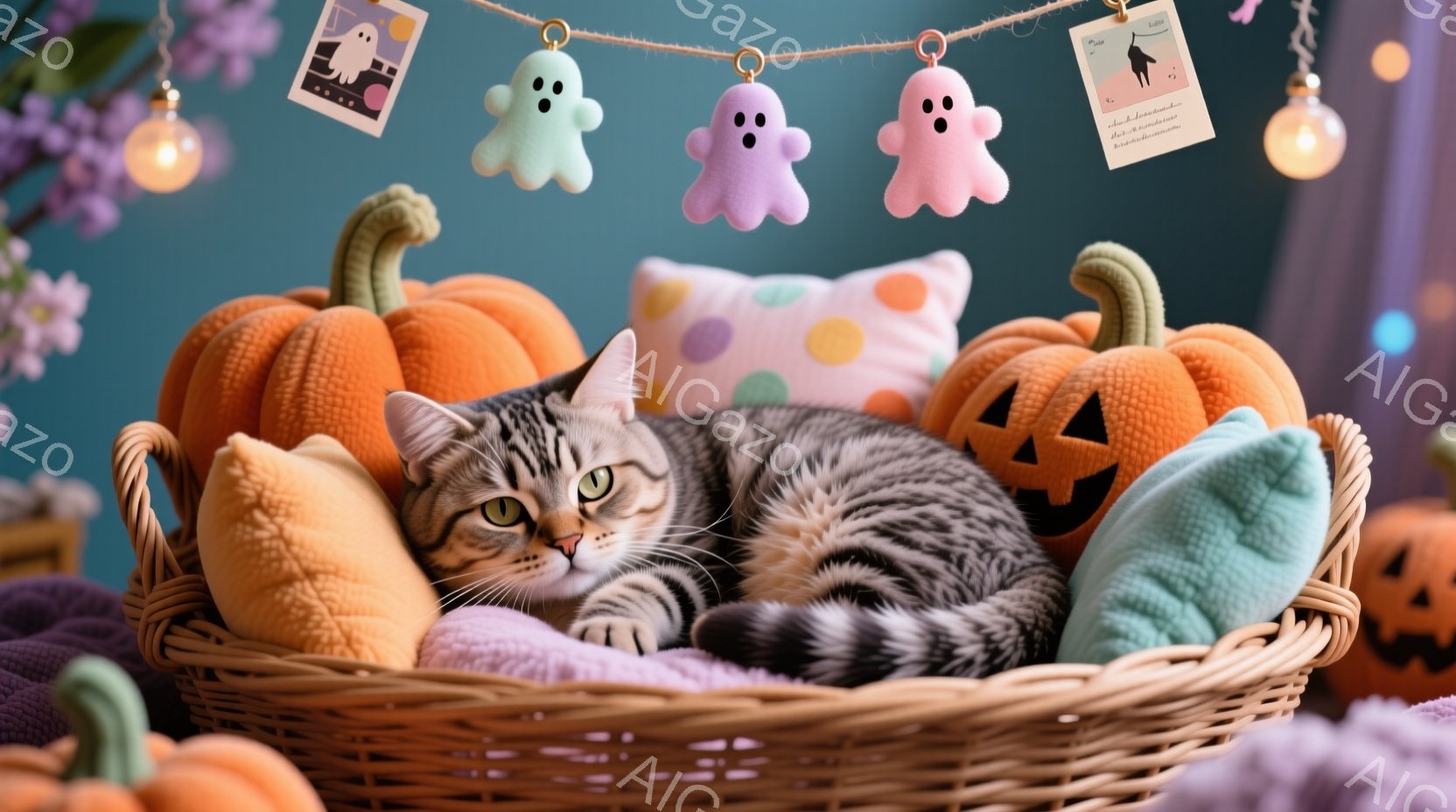 籠の中に縞模様の猫が横たわっており、リラックスした表情で目を細めています。背景には、ハロウィーンを連想させるかぼちゃのクッションや幽霊の飾り、そして紫色とオレンジ色の装飾が散りばめられています。全体的 - AI生成フリー素材