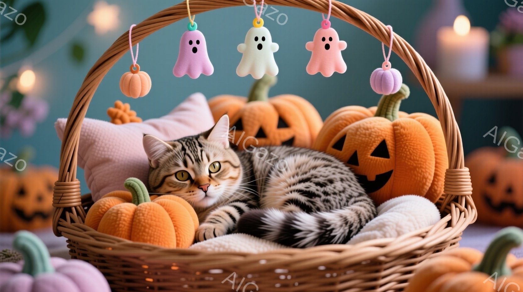 縞模様の猫が、ハロウィンのカボチャや幽霊の飾りでいっぱいになったバスケットの中に横たわっています。背景には、明るいオレンジ色とピンク色のカボチャが並び、おとぎ話のような温かく、居心地の良い雰囲気を醸し - AI生成フリー素材