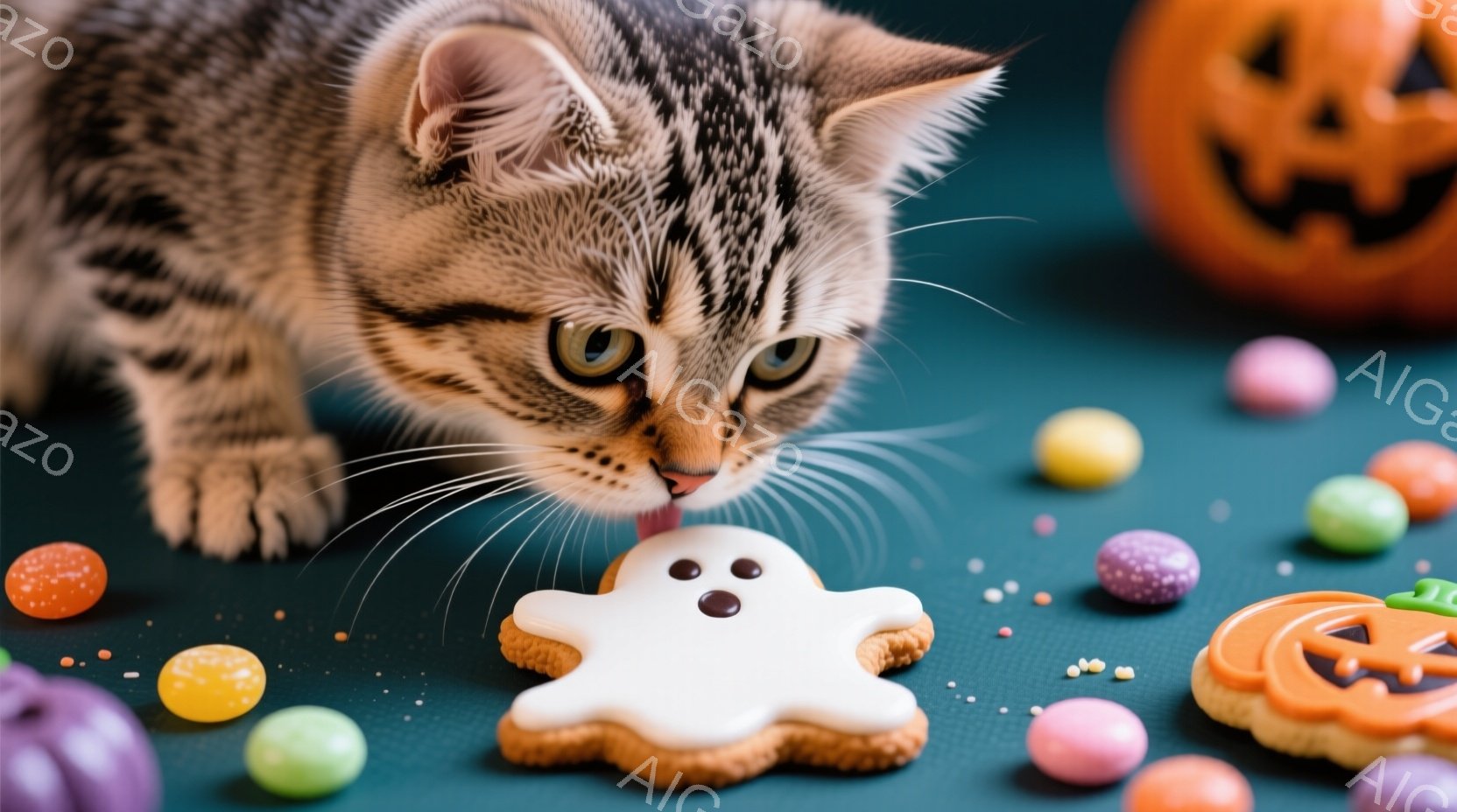 縞模様のキティが、ハロウィーンをテーマにしたクッキーに顔を近づけています。背景には、カラフルなキャンディやパンプキン型のクッキーが散りばめられており、ハロウィーンの楽しい雰囲気を演出しています。全体的 - AI生成フリー素材