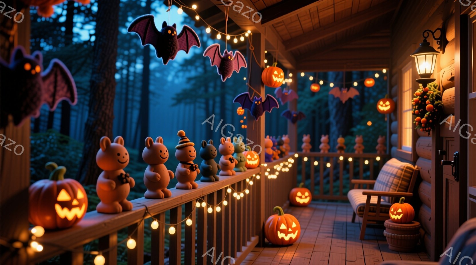 秋の夜の、木造のベランダがハロウィーンの装飾で彩られています。可愛らしいウサギの人形たちが一列に並び、オレンジ色のカボチャのランタンや黒いコウモリの飾りと共に、温かい光に照らされています。背景には暗い - AI生成フリー素材