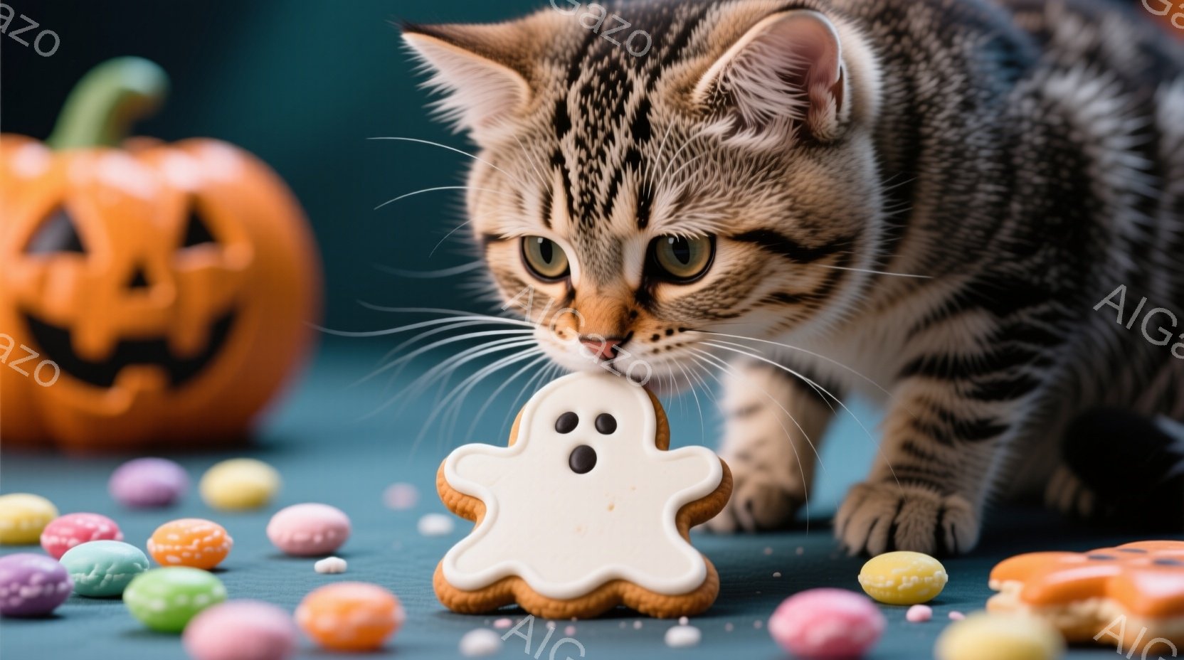 縞模様の猫が、ハロウィーンをテーマにしたお菓子に興味津々で近づいています。背景には、ジャック・オー・ランタンとカラフルなキャンディーが散りばめられ、猫は幽霊の形をしたクッキーに鼻を近づけています。全体 - AI生成フリー素材