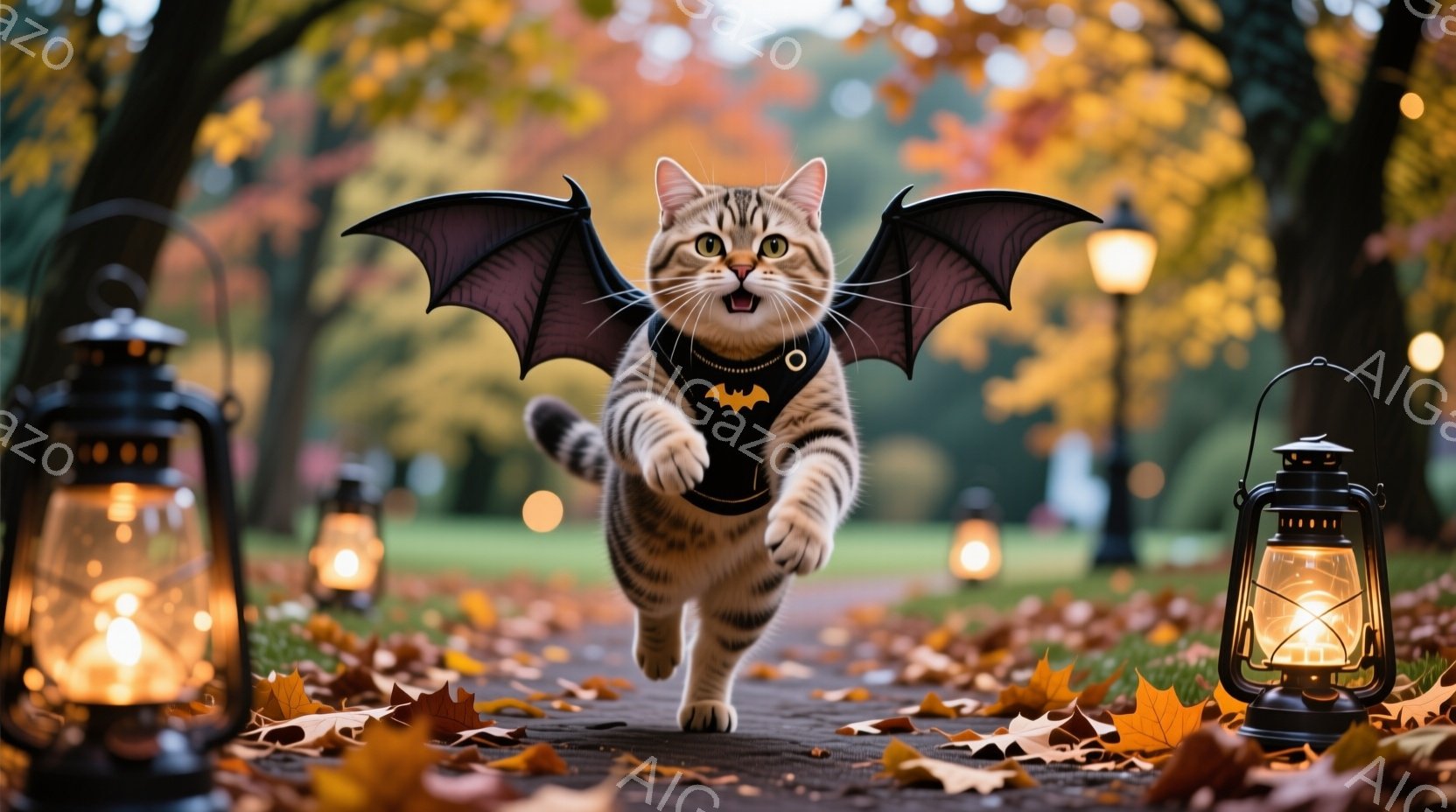 縞模様の猫が、黒いコウモリの翼をつけて走っている姿が捉えられています。背景には落葉が舞う遊歩道と、夕暮れ時の柔らかな光に照らされた街路樹が広がっており、ハロウィーンらしい幻想的な雰囲気を醸し出しています。猫は楽しそうな表情で、まるで空を飛んでいるかのように躍動感に満ちています。