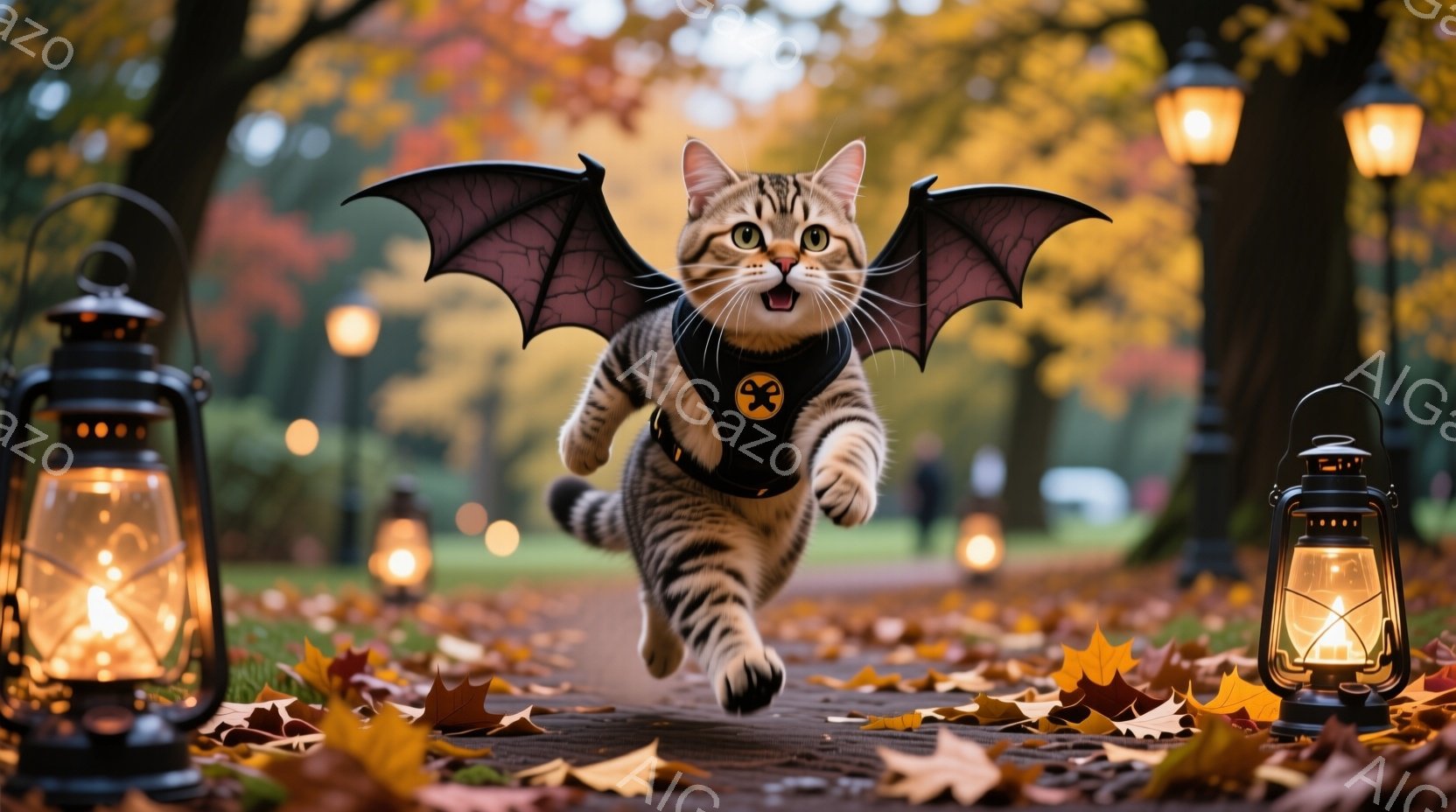 茶色の縞模様の猫が、黒い羽のようなアクセサリーを身に着け、公園の小道の上を駆け抜けている。背景には鮮やかな紅葉と点灯したランタンが並び、秋の暖かく幻想的な雰囲気を醸し出している。猫は楽しそうに走り、そ - AI生成フリー素材