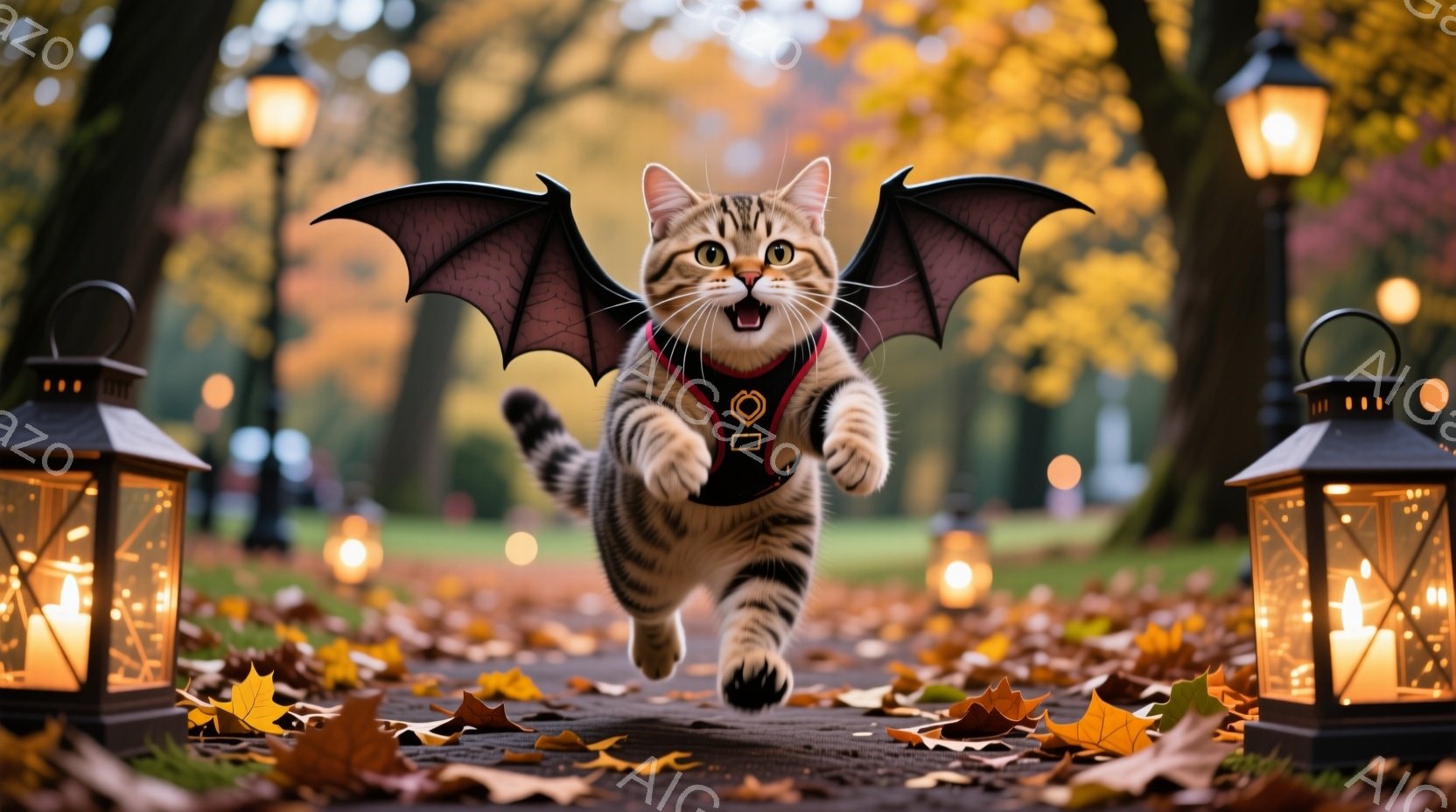 縞模様の猫が、まるで空を飛んでいるかのように、地面を駆け抜けています。黒い翼とハーネスをつけており、口を開けて楽しそうな表情をしています。背景には秋の落ち葉が散りばめられた遊歩道と、ぼんやりと光る提灯が並び、幻想的な雰囲気を醸し出しています。