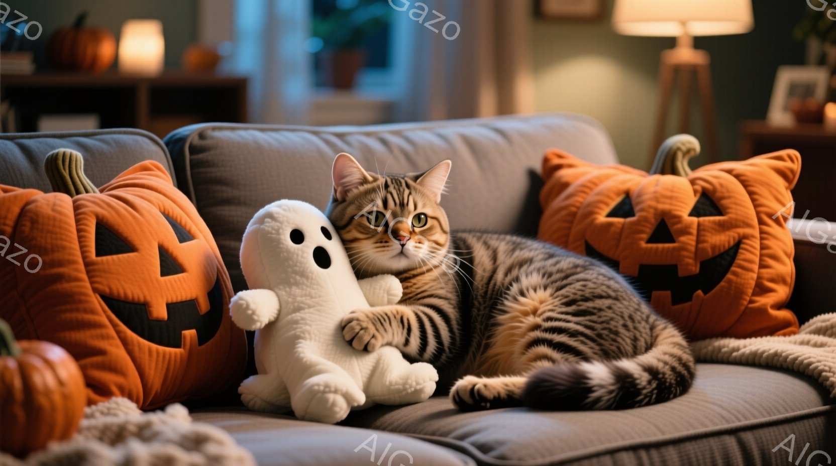 縞模様の猫が、ハロウィーンの装飾で飾られた灰色のソファに横たわっています。猫はリラックスした様子で、白いゴーストのぬいぐるみに寄りかかっており、背景にはオレンジ色のジャック・オー・ランタンのクッションと、ぼんやりと見えるその他のハロウィーンの飾りが見えます。全体的に、暖かく、居心地の良い、ハロウィーンの雰囲気の室内空間です。