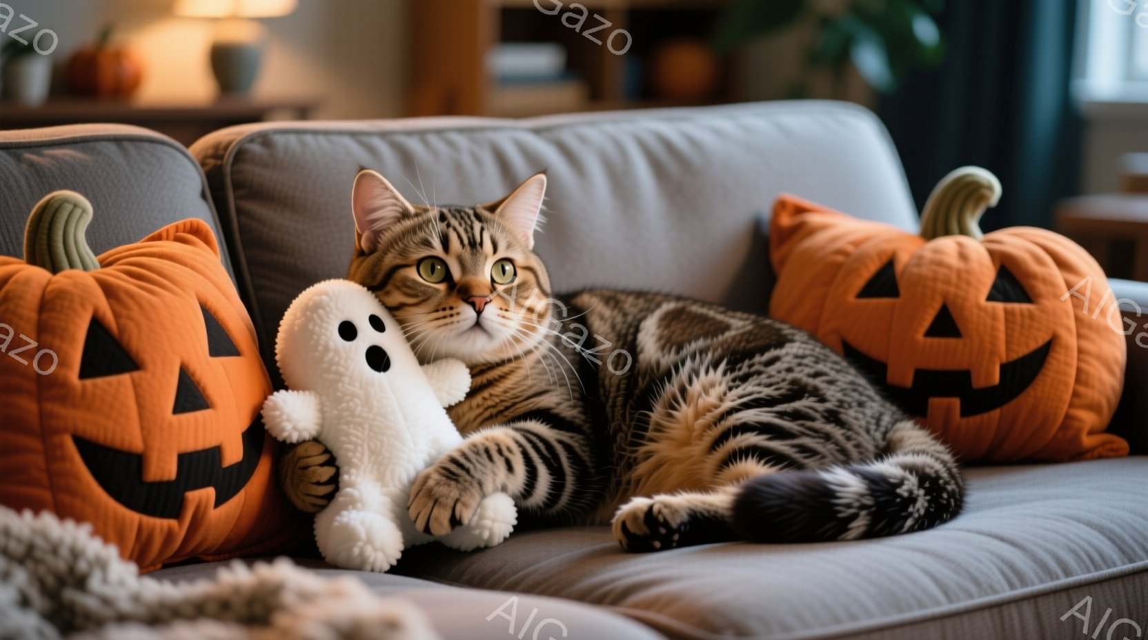縞模様の猫が、ハロウィーンのオレンジ色のジャック・オ・ランタンのクッションと白いゴーストのぬいぐるみに囲まれて、灰色のソファにゆったりと横たわっています。猫はリラックスした表情で、片足を前に伸ばし、穏 - AI生成フリー素材