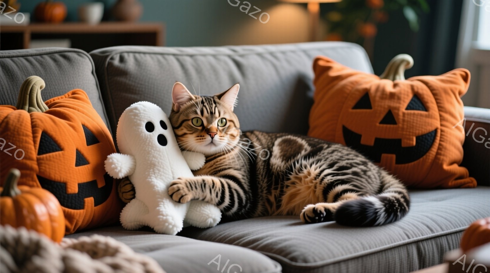 ソファに横たわる縞模様の猫が、白いゴーストのぬいぐるみを抱えています。背景には、ハロウィーンを象徴するオレンジ色のカボチャのクッションと、ぼんやりと見える家具があり、全体的に暖かく居心地の良い雰囲気です。猫はリラックスした表情で、まるでハロウィーンを楽しんでいるかのようです。