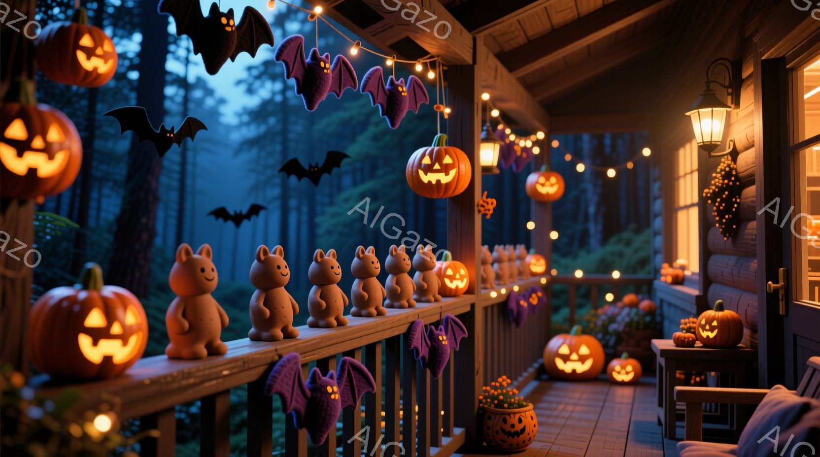 ハロウィーンの装飾が施された木造コテージのベランダが描かれています。ベランダの手すりには、かわいらしいウサギの置物と、様々な大きさのジャック・オー・ランタンが並べられ、紫色のコウモリのガーランドが飾られています。背景には暗い森が広がり、全体的に温かく、お祝いムードに包まれたハロウィーンの夜の雰囲気が表現されています。