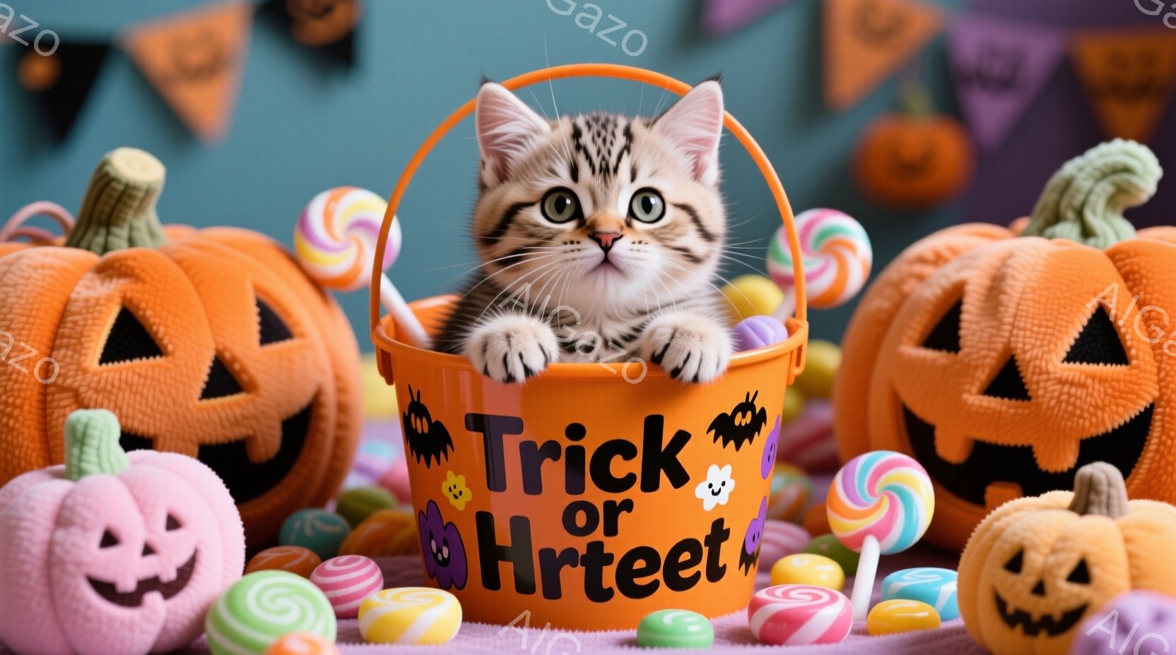 オレンジ色のハロウィーンのバケツの中に、縞模様の小さな子猫が顔を出しています。バケツには「Trick or Treat」と書かれており、周りにはカラフルなキャンディーや、表情豊かなハロウィーンのジャッ - AI生成フリー素材