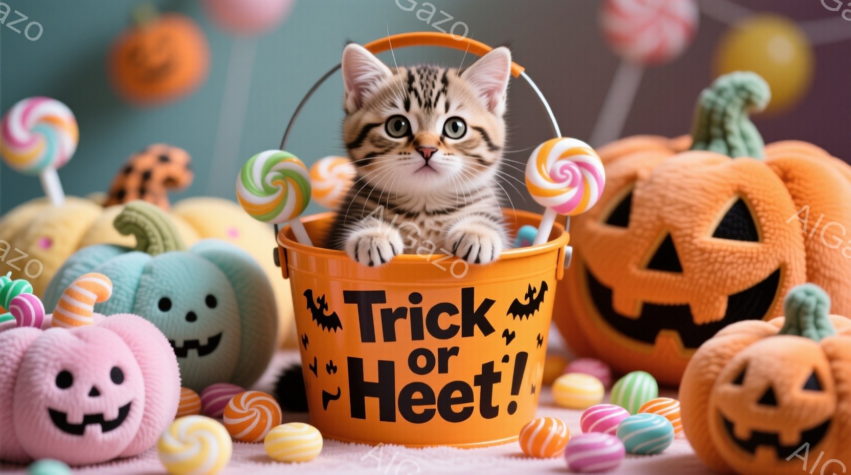 オレンジ色の「トリック・オア・トリート」と書かれたバケツの中に、縞模様の小さな子猫が座っています。周りにはカラフルなキャンディーや、様々な表情のジャック・オ・ランタンのぬいぐるみたちが置かれ、ハロウィンの楽しい雰囲気を醸し出しています。明るい色彩と子猫の可愛らしさで、全体的に温かく、遊び心のある印象を与えます。