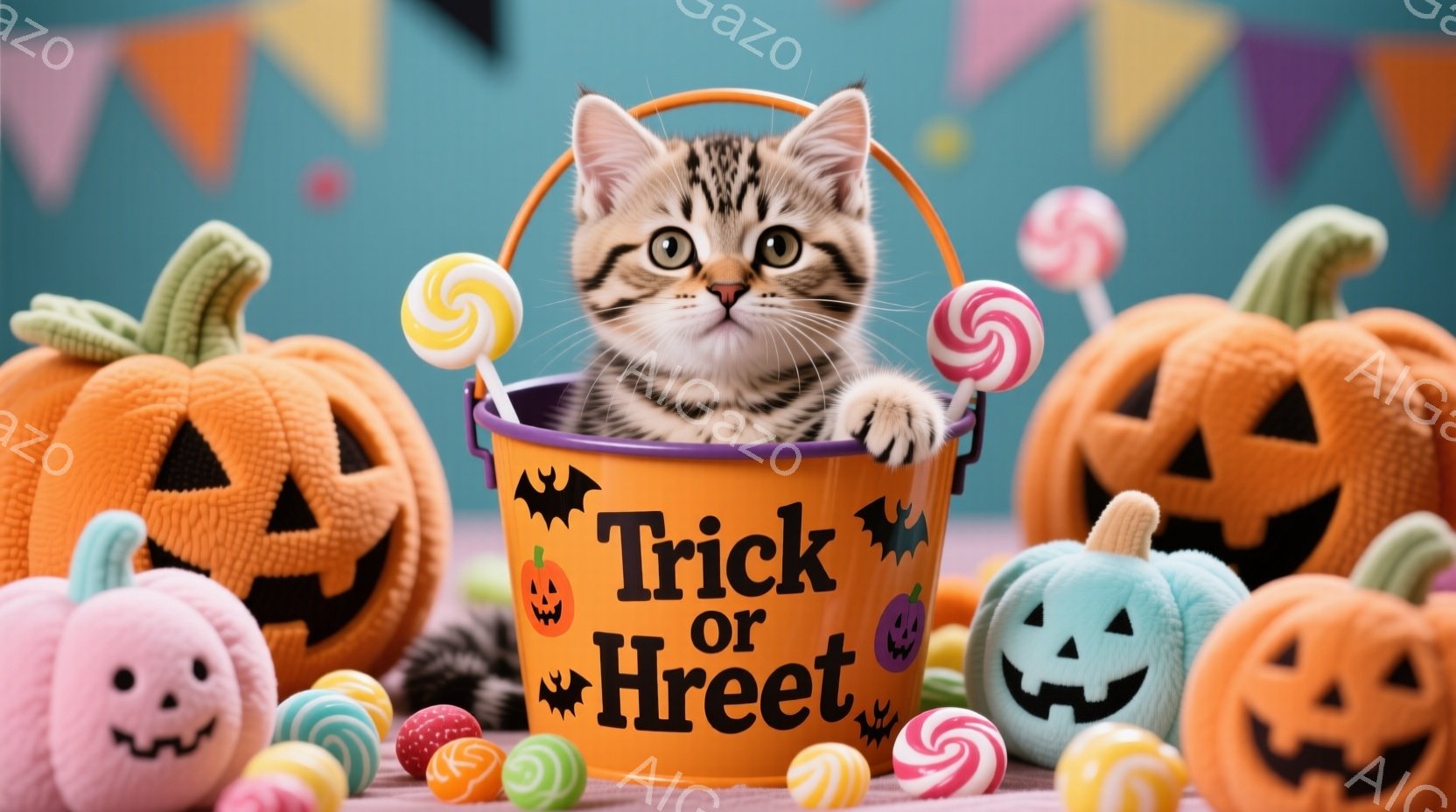 オレンジ色のハロウィーンのバケツの中に、小さな子猫が顔を出しています。子猫は縞模様で、好奇心旺盛な表情でカメラを見ています。背景には、様々な色のキャンディーと、可愛らしいジャック・オー・ランタンのぬい - AI生成フリー素材