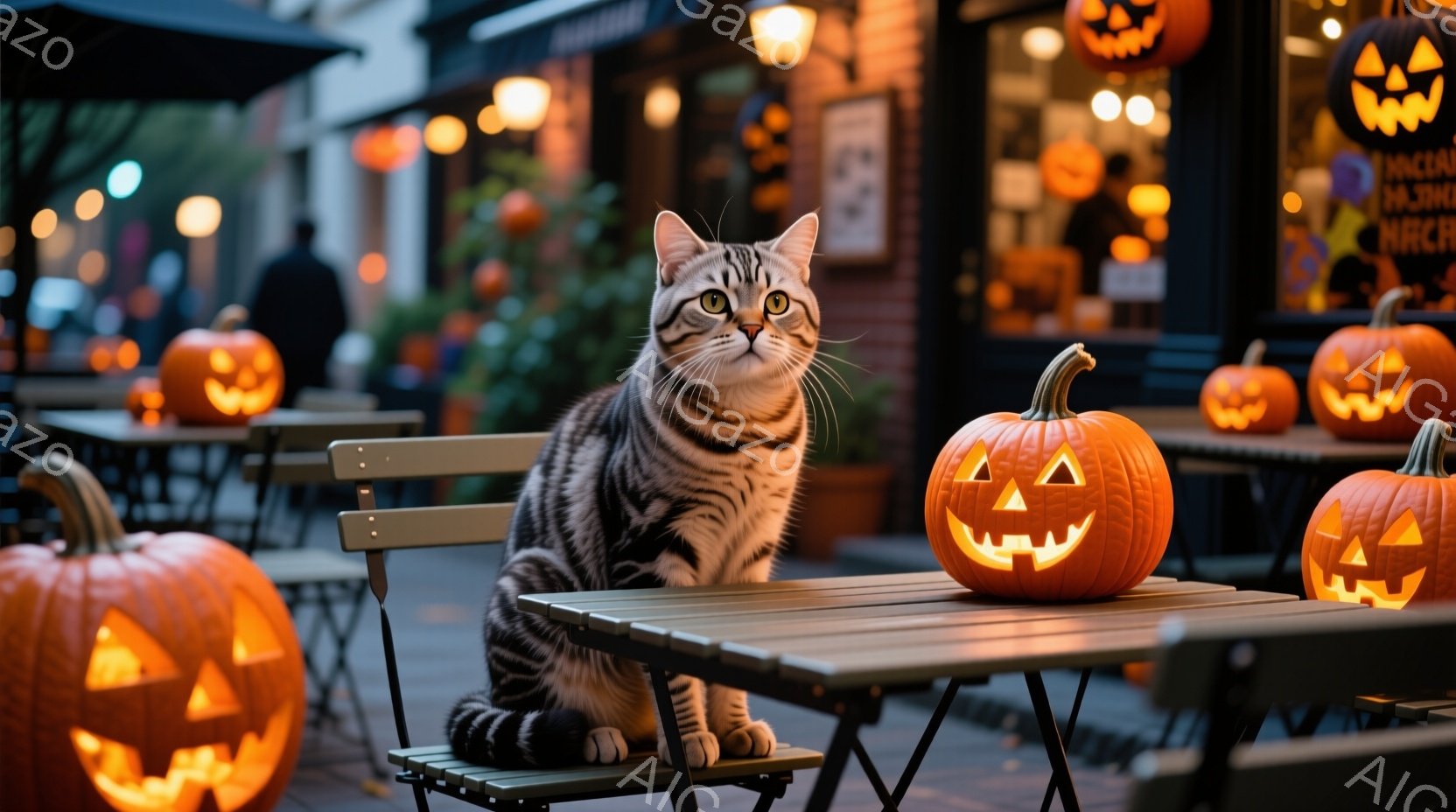 ハロウィーンの装飾が施されたカフェのテラス席に、縞模様の猫が座っています。猫は正面を見据え、少し警戒した表情を浮かべています。背景には、光るカボチャのランタンが並び、ハロウィーンの温かく幻想的な雰囲気 - AI生成フリー素材