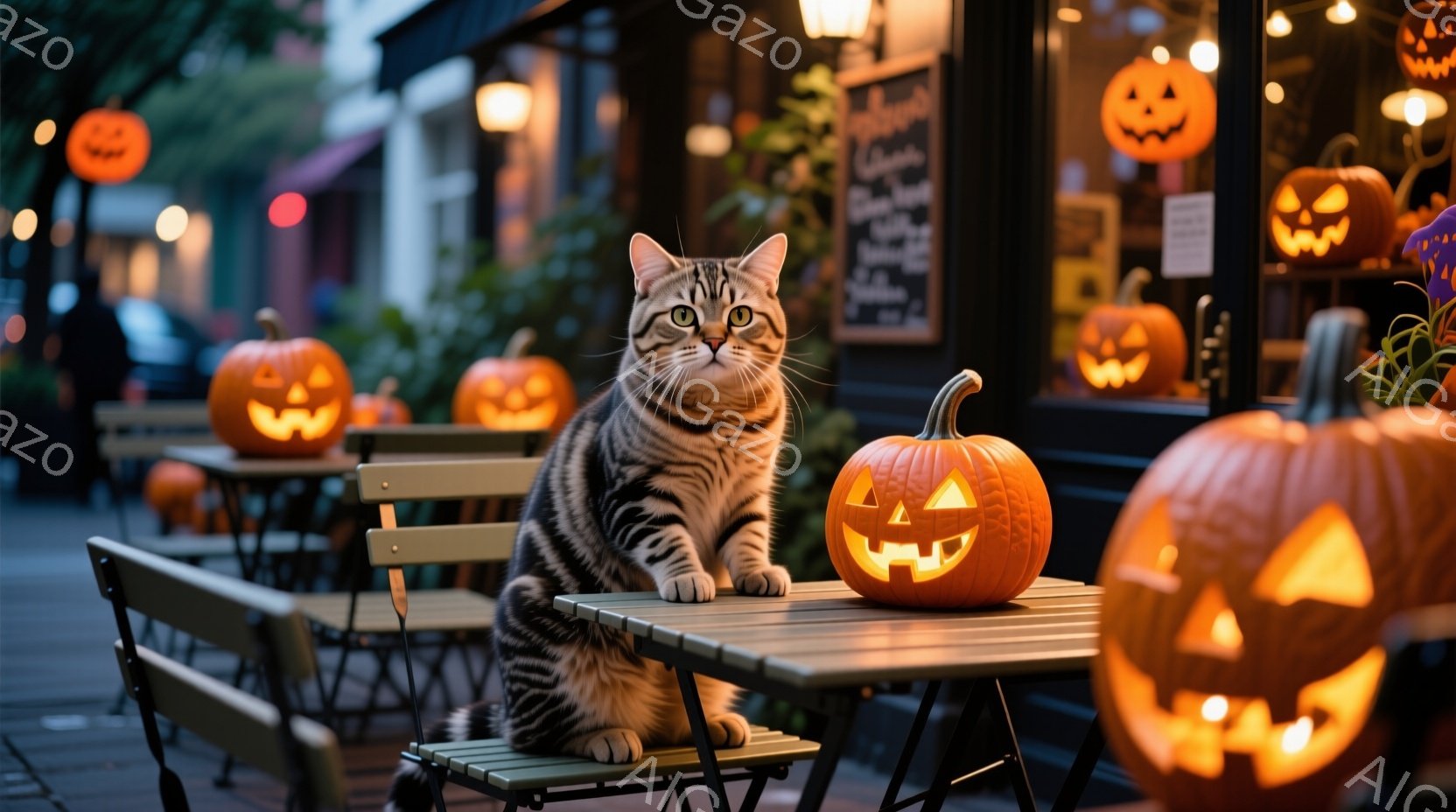 縞模様の猫が、ハロウィーンの装飾がされた屋外カフェのテーブルに座ってこちらを見ています。背景には、点灯されたジャック・オー・ランタンが並び、カフェの窓からは光が漏れています。暗い夜空と暖色の照明が、ハ - AI生成フリー素材