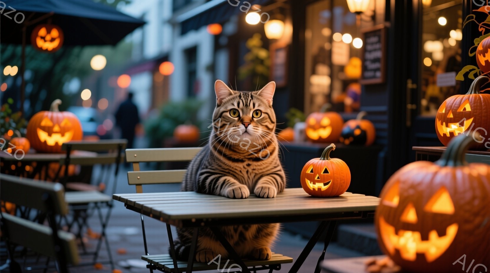 縞模様の猫が屋外のカフェのテーブルに座り、リラックスした表情で正面を見つめています。背景にはハロウィーンの飾りであるジャック・オー・ランタンが並び、暖色系の光がカフェ全体を照らしています。夜のカフェは - AI生成フリー素材