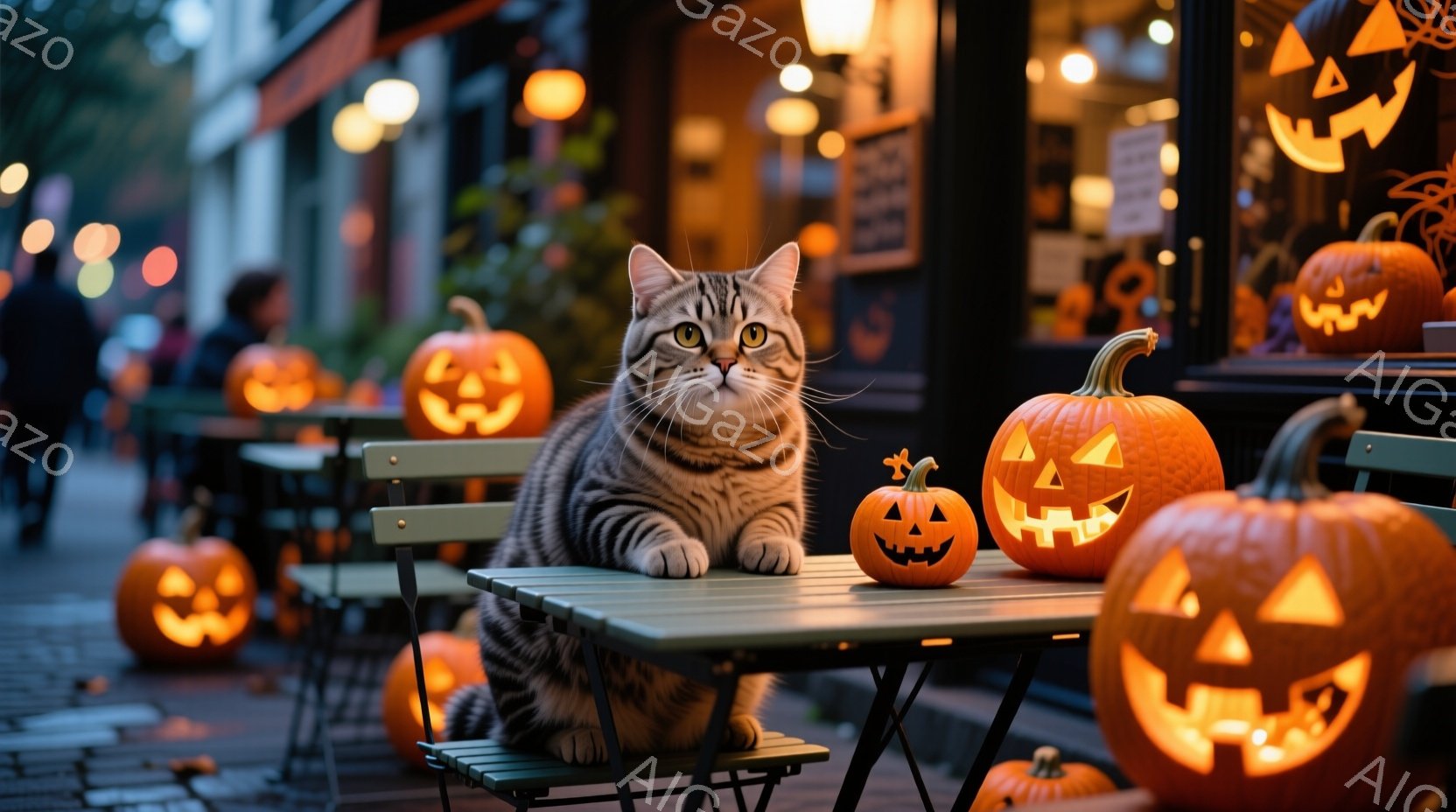 白とグレーの縞模様の猫が、ハロウィンの飾り付けがされたカフェの屋外席に座っています。周りにはジャック・オ・ランタンが置かれ、カフェの窓からは暖かい光が漏れ、秋の夜の温かく幻想的な雰囲気を醸し出しています。石畳の道と建物の明かりが、この季節の落ち着いた雰囲気をさらに引き立てています。