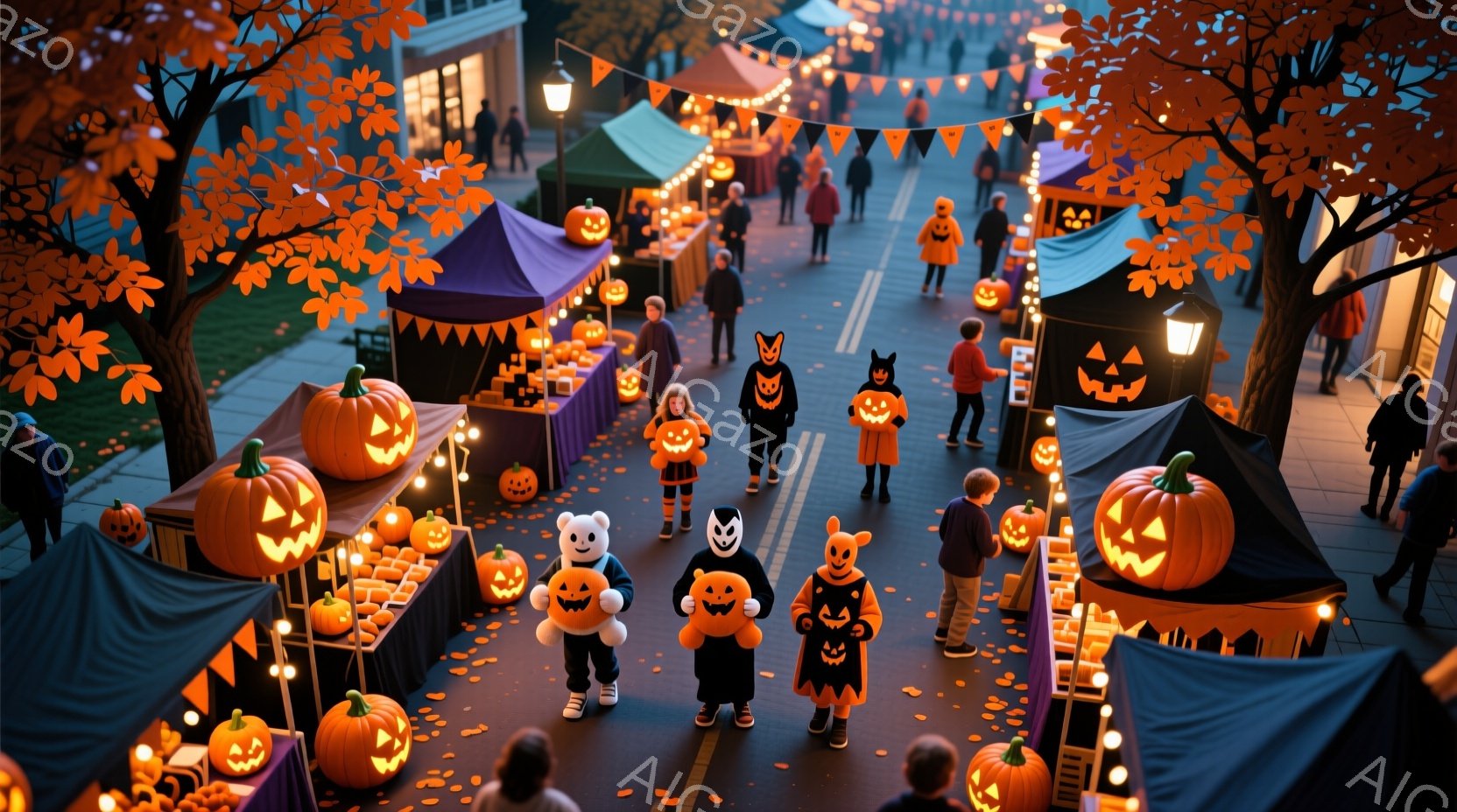 ハロウィーンの夜の賑やかな通りが描かれています。多くの人々が様々なコスチュームを着て、パンプキンをテーマにした露店が並び、ハロウィーンの飾り付けで彩られています。背景には建物や木々が見え、夜空には薄暗 - AI生成フリー素材