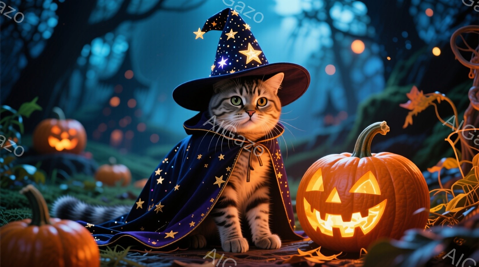 縞模様の猫が、星が散りばめられた黒い魔法使いのケープと帽子を身につけて座っています。その表情は少し驚いたようであり、正面にはジャック・オー・ランタンが明るく光っています。背景は暗い森で、他の小さなカボチャやお化けの飾り付けが散らばっており、ハロウィーンの夜の神秘的な雰囲気を醸し出しています。